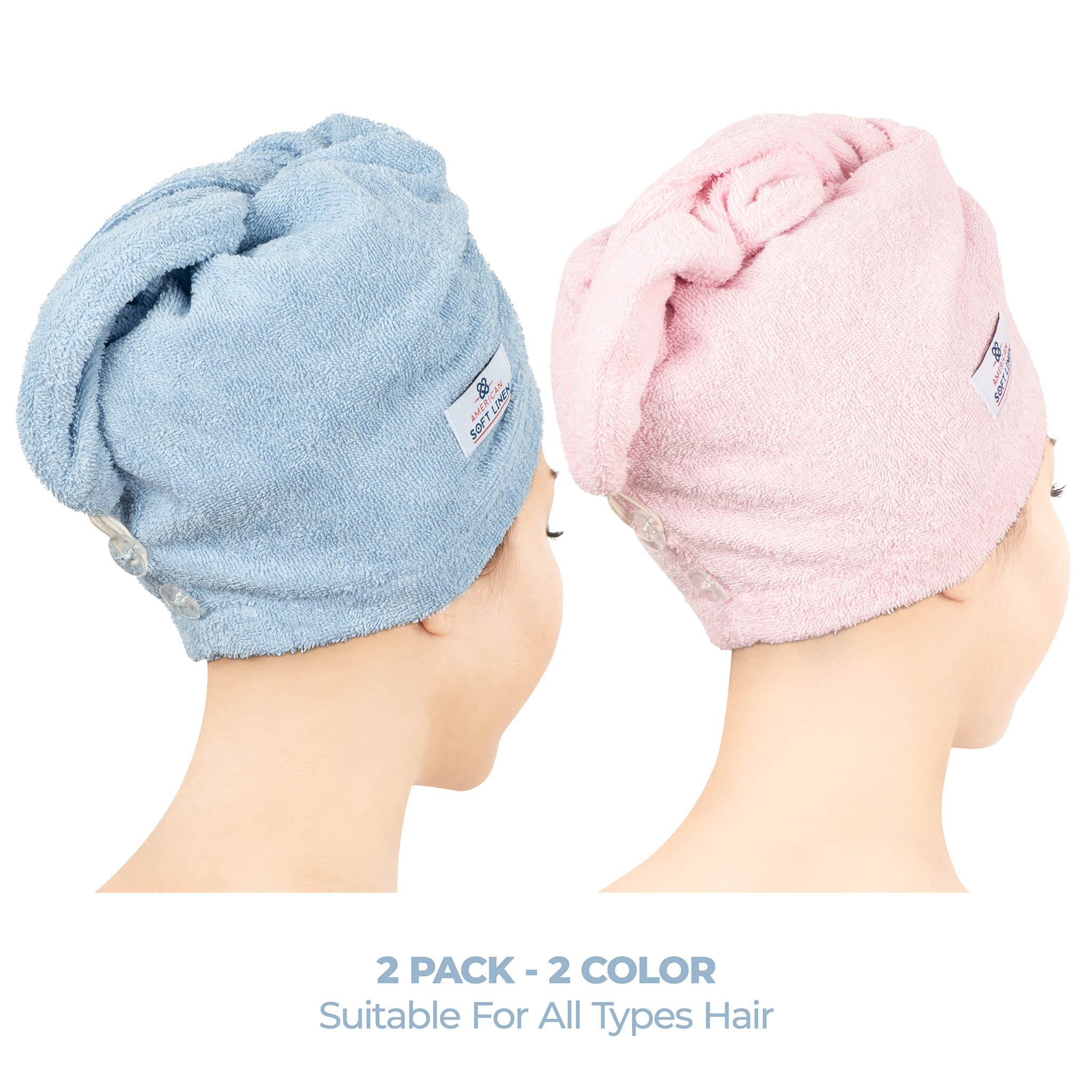 American-softlinen 100% Cotton Hair Drying Towels for Women 2 pack 75 set case pack sky blue-pink-2