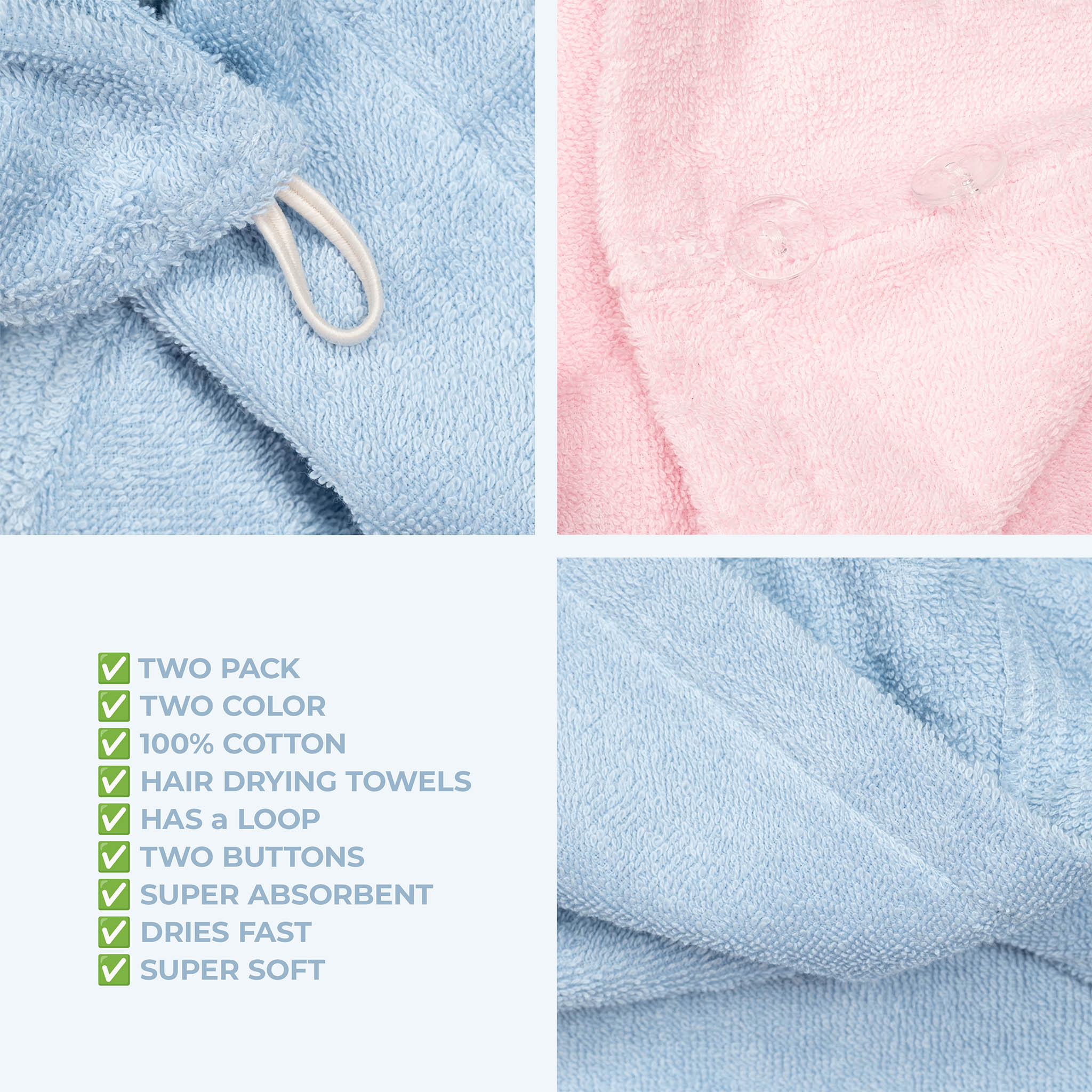 American-softlinen 100% Cotton Hair Drying Towels for Women 2 pack 75 set case pack sky blue-pink-6