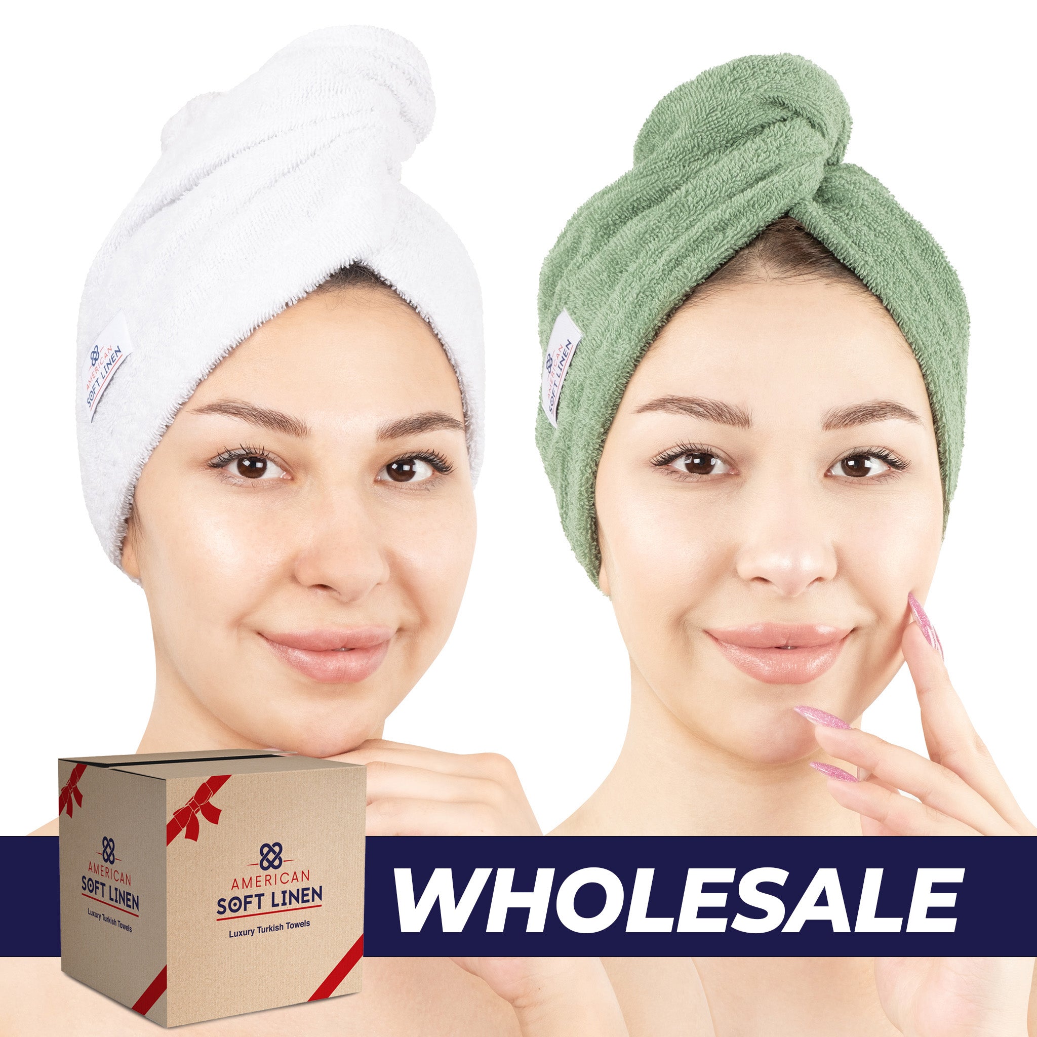 American-softlinen 100% Cotton Hair Drying Towels for Women 2 pack 75 set case pack white-sage green-0