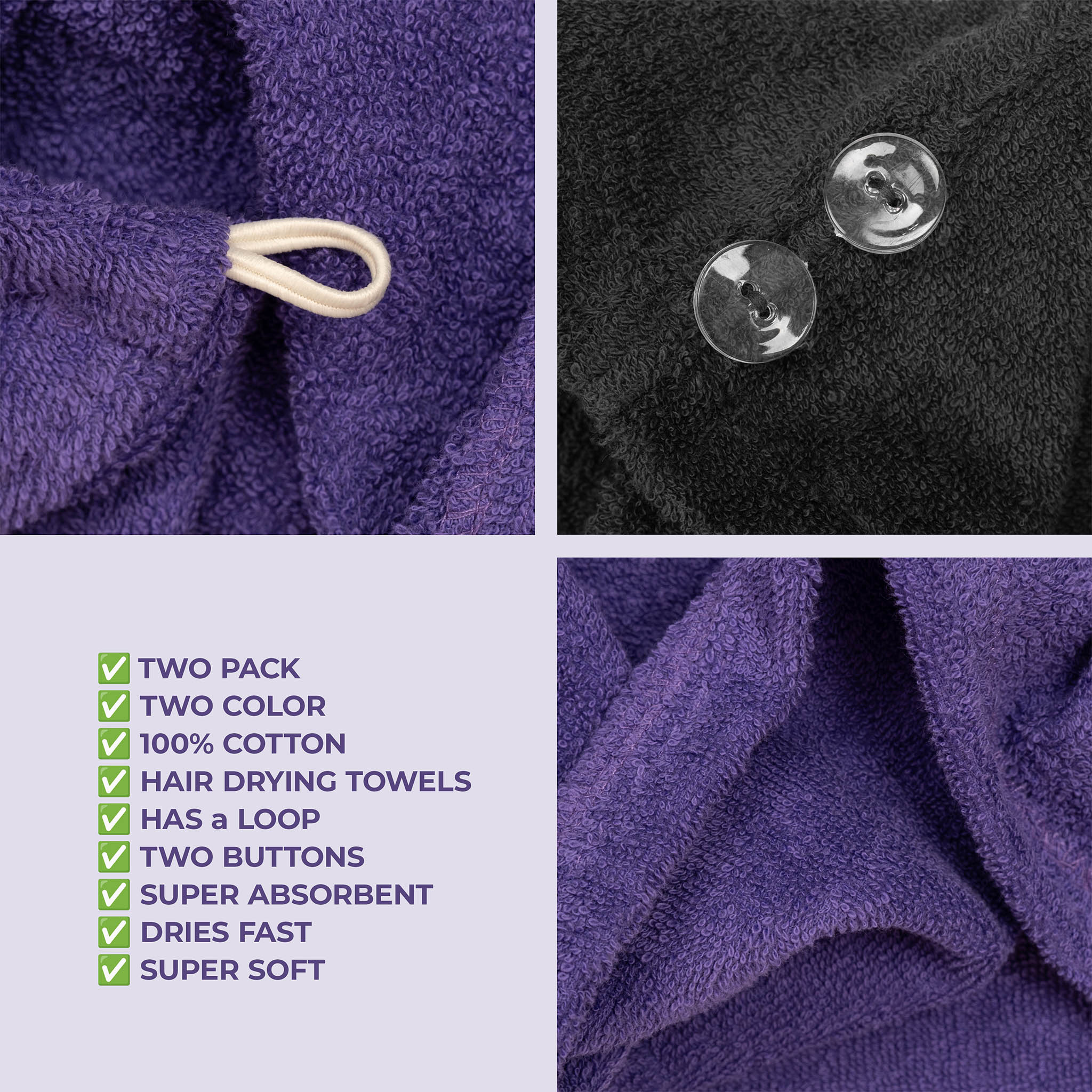 American-softlinen 100% Cotton Hair Drying Towels for Women Purple-Black-6