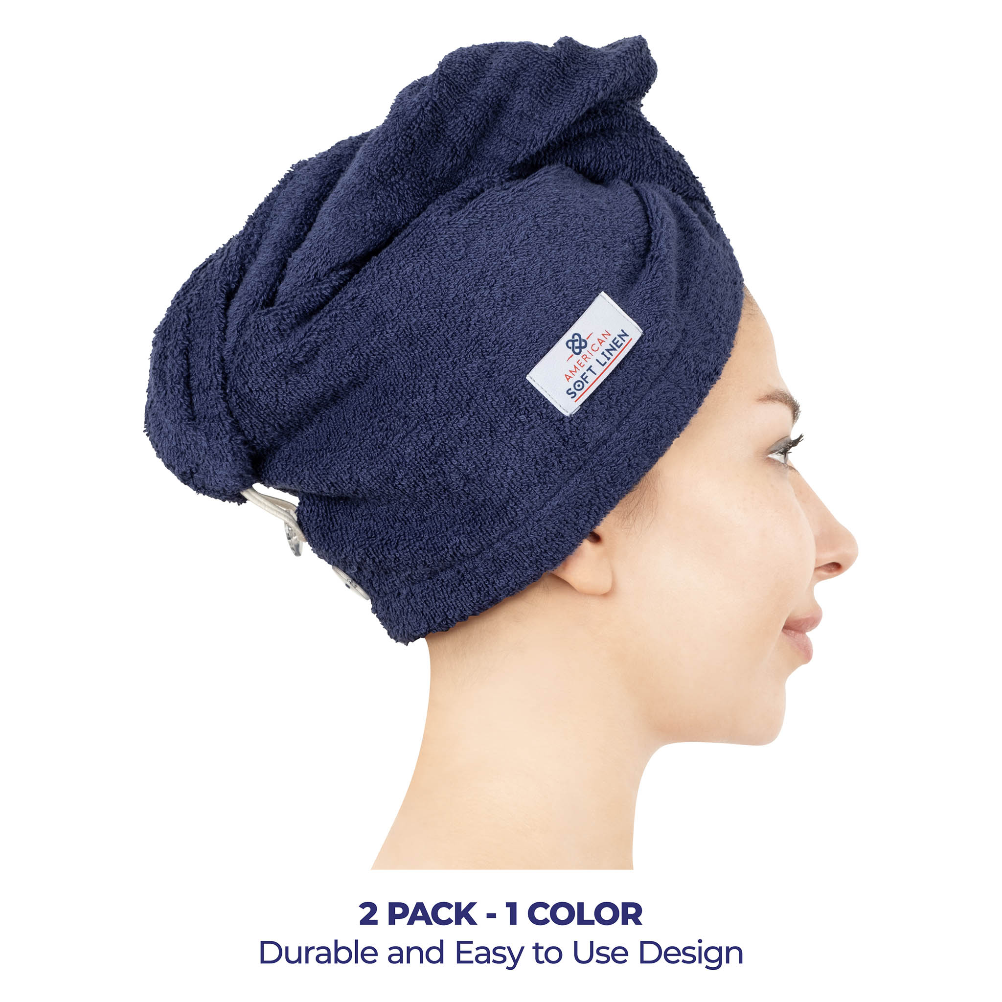 American-softlinen 100% Cotton Hair Drying Towels for Women Navy Blue-2