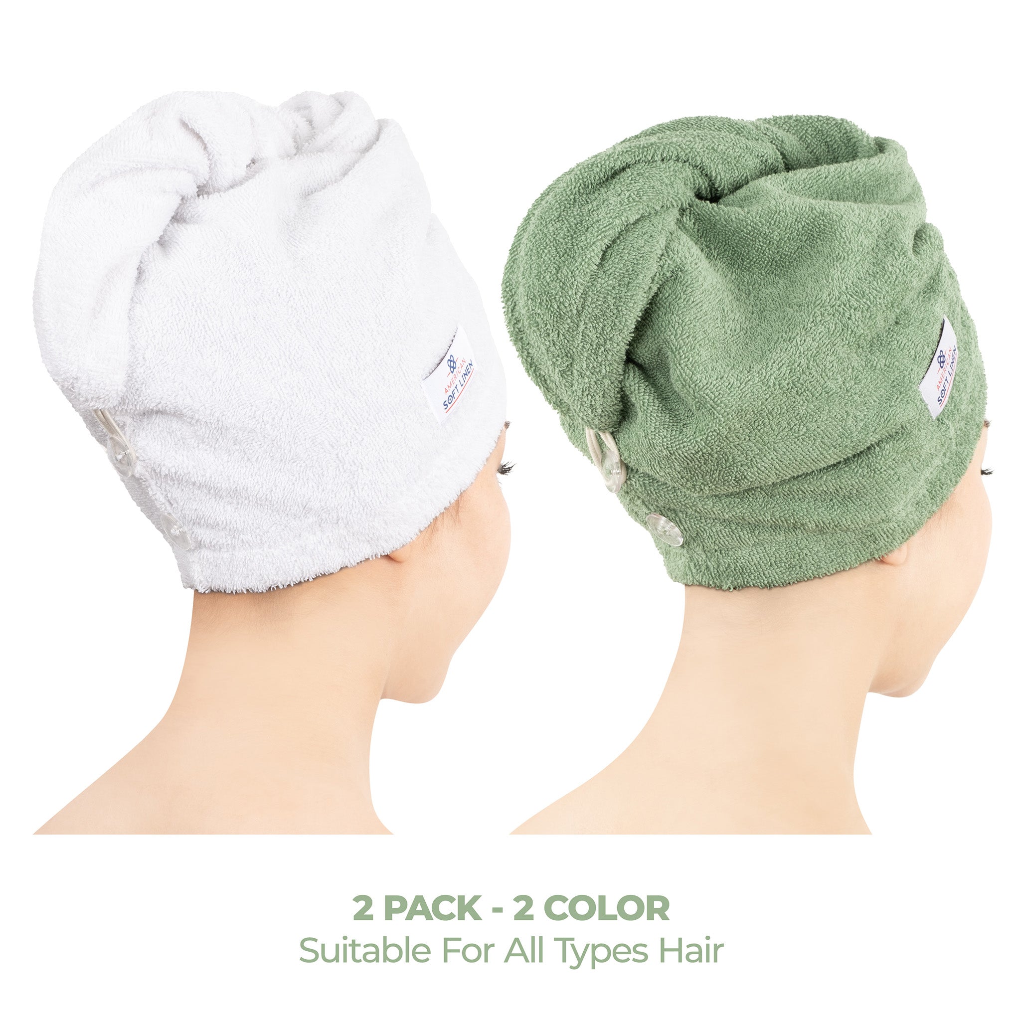 American-softlinen 100% Cotton Hair Drying Towels for Women White-Sage Green-2