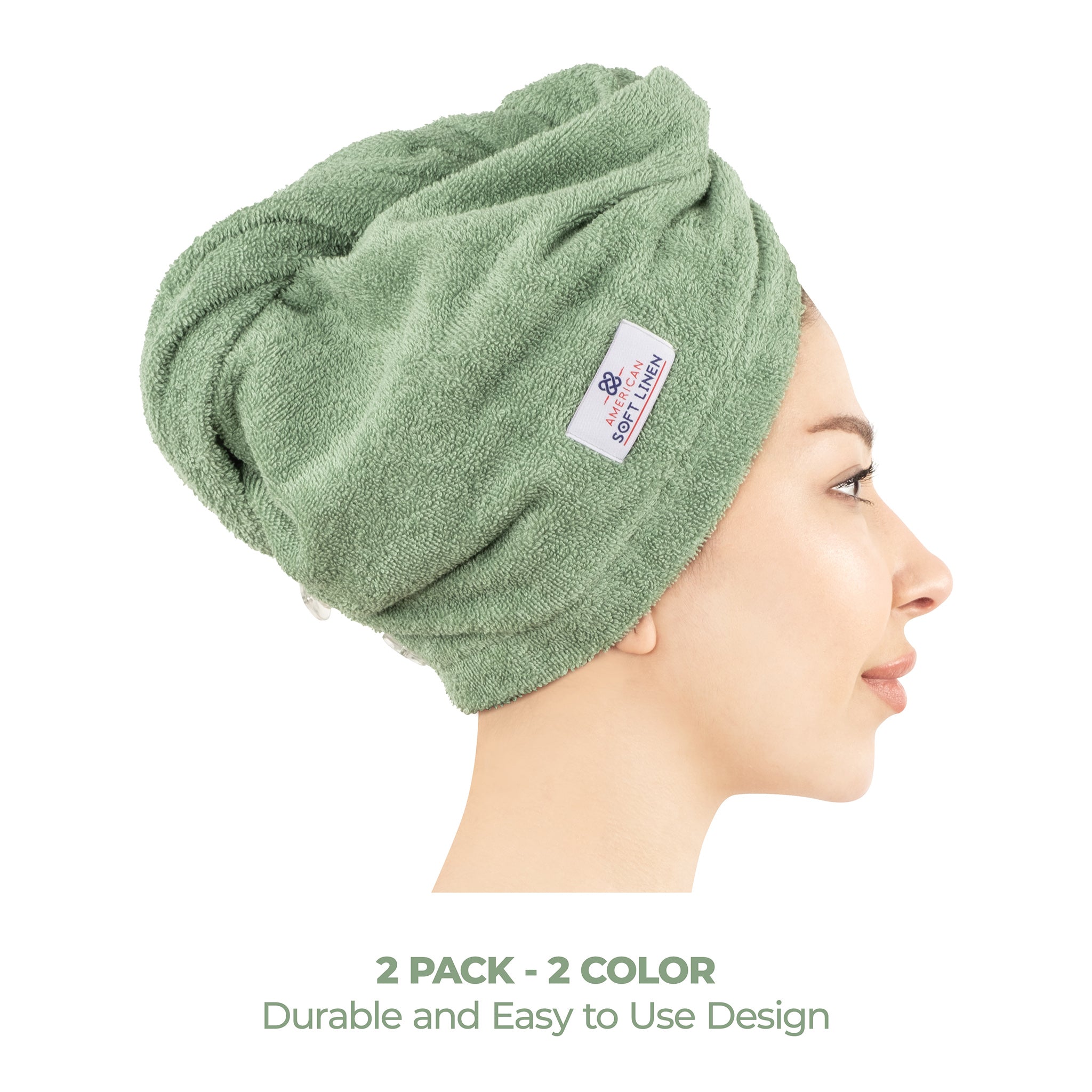 American-softlinen 100% Cotton Hair Drying Towels for Women White-Sage Green-4
