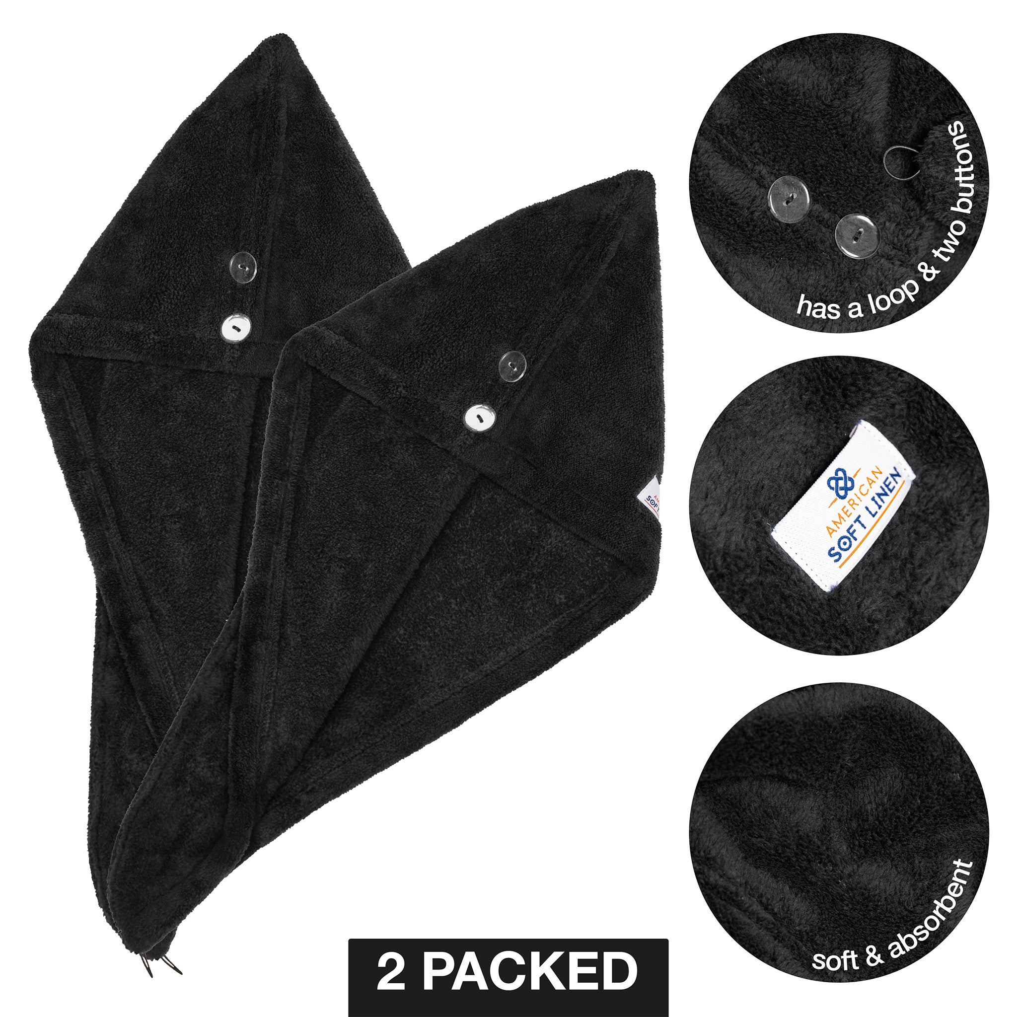 American-softlinen Extremely Soft Super Absorbent and Fast Drying Hair Towel -2-packed-black-5