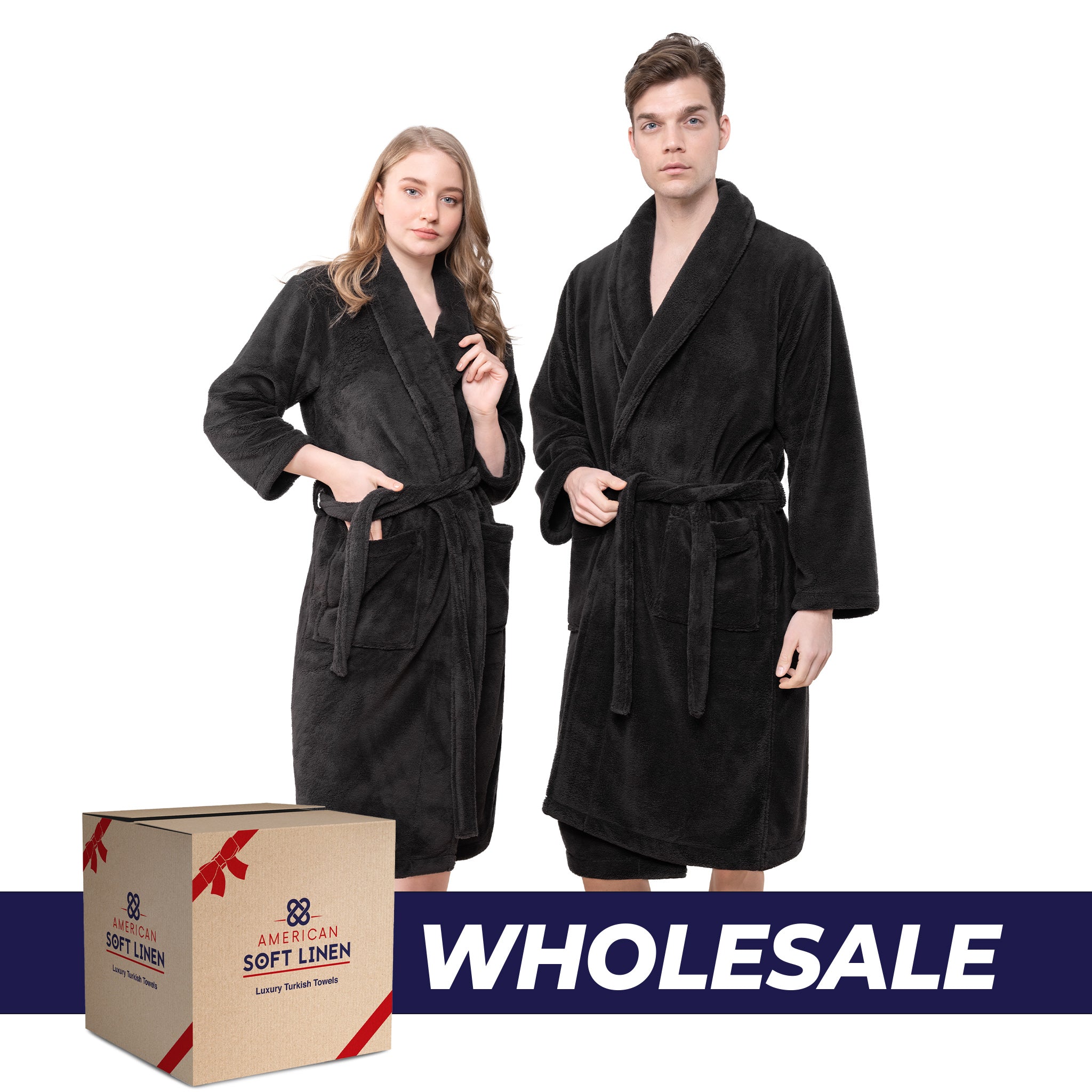 American-softlinen Super Soft Absorbent and Fluffy Unisex Fleece Bathrobe -12 Set Case Pack -M-L-black-0