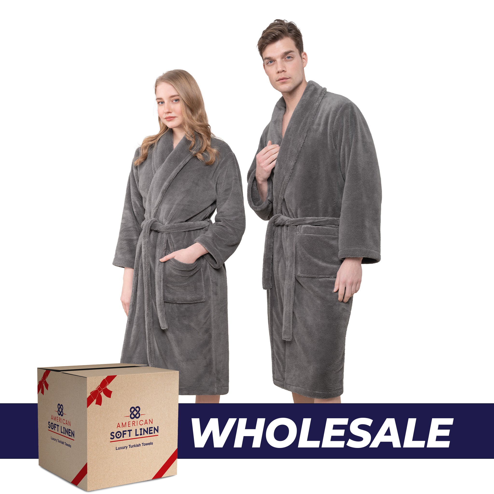 American-softlinen Super Soft Absorbent and Fluffy Unisex Fleece Bathrobe -12 Set Case Pack -M-L-gray-0
