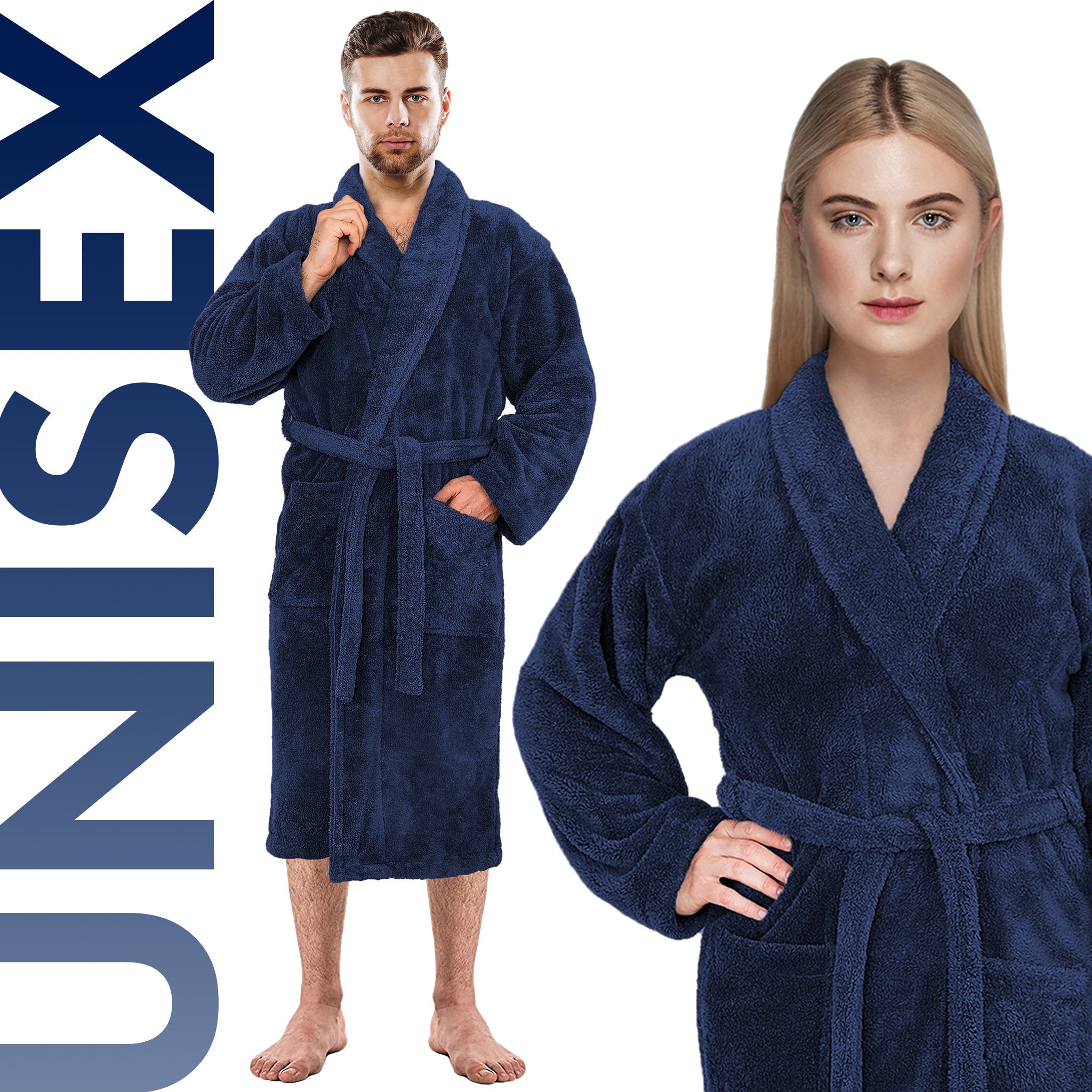 American-softlinen Super Soft, Absorbent and Fluffy, Unisex Fleece Bathrobe M-L-navy-blue-6