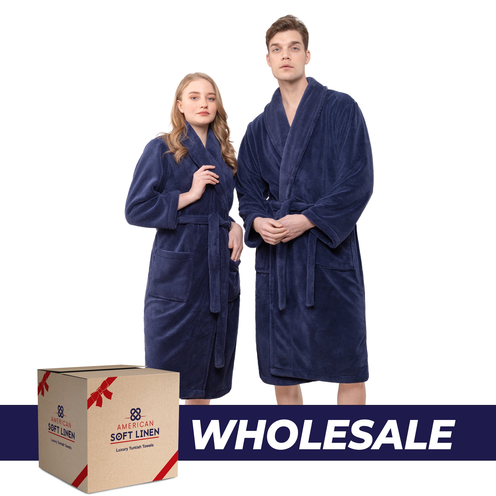 American-softlinen Super Soft Absorbent and Fluffy Unisex Fleece Bathrobe -12 Set Case Pack -XL-XXL-navy-blue-0