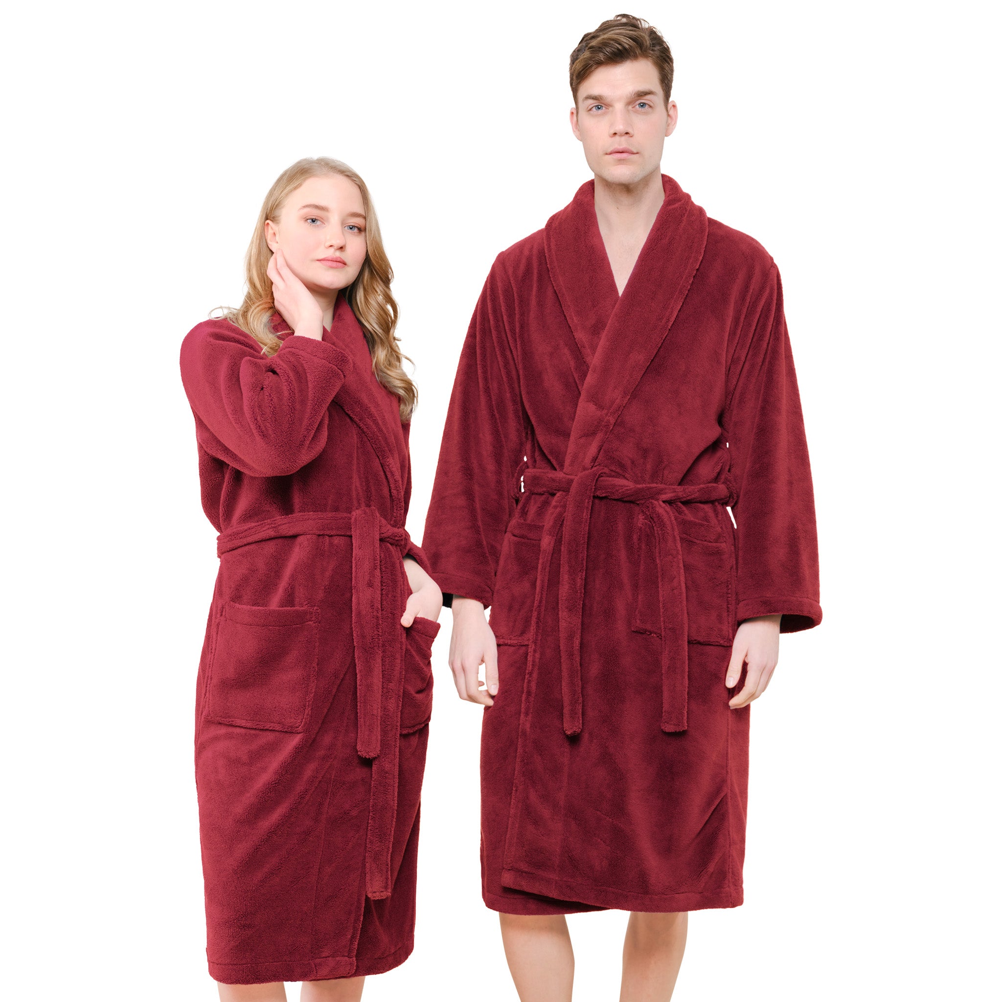 American-softlinen Super Soft, Absorbent and Fluffy, Unisex Fleece Bathrobe XL-XXL-Bordeaux-red-1