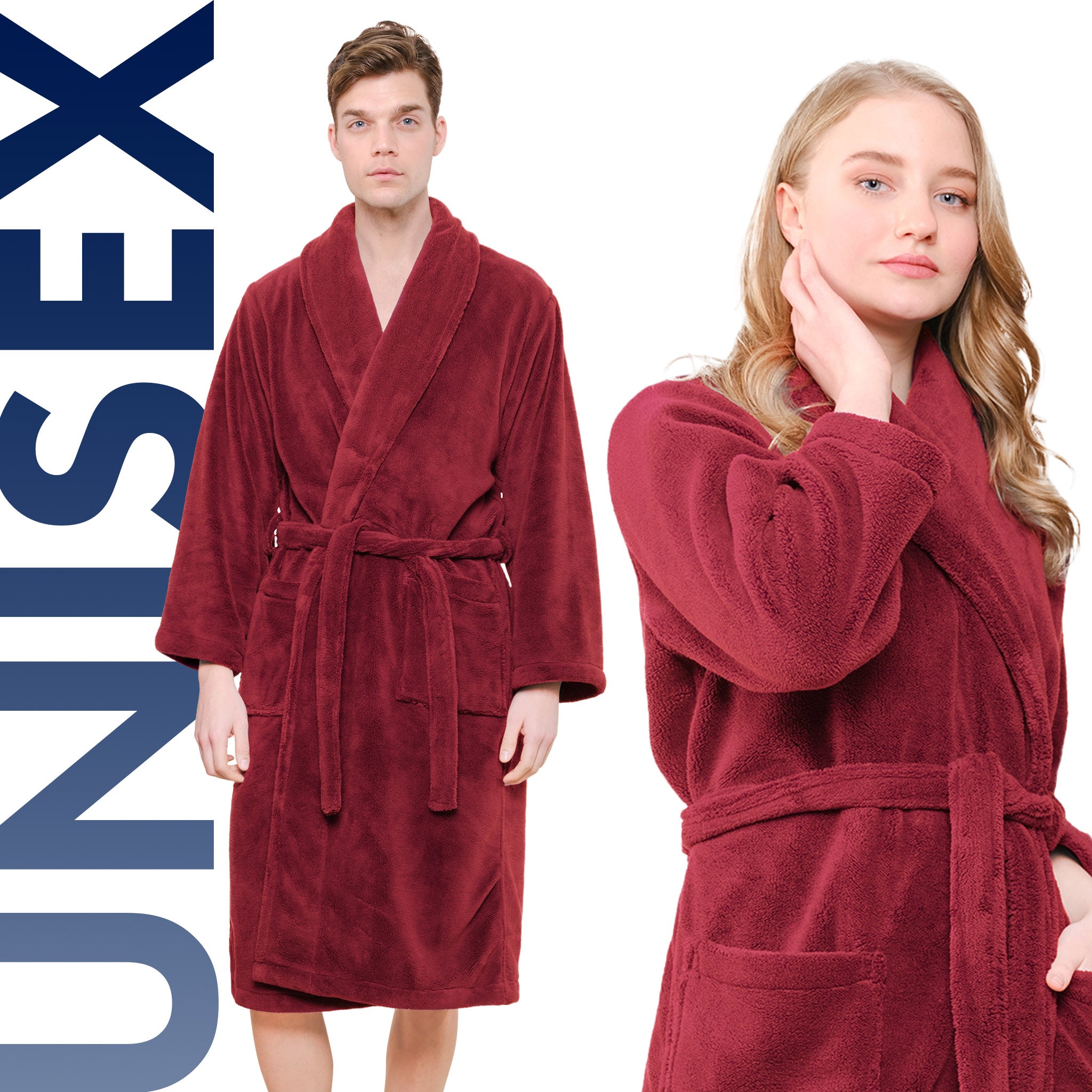 American-softlinen Super Soft, Absorbent and Fluffy, Unisex Fleece Bathrobe XL-XXL-Bordeaux-red-6