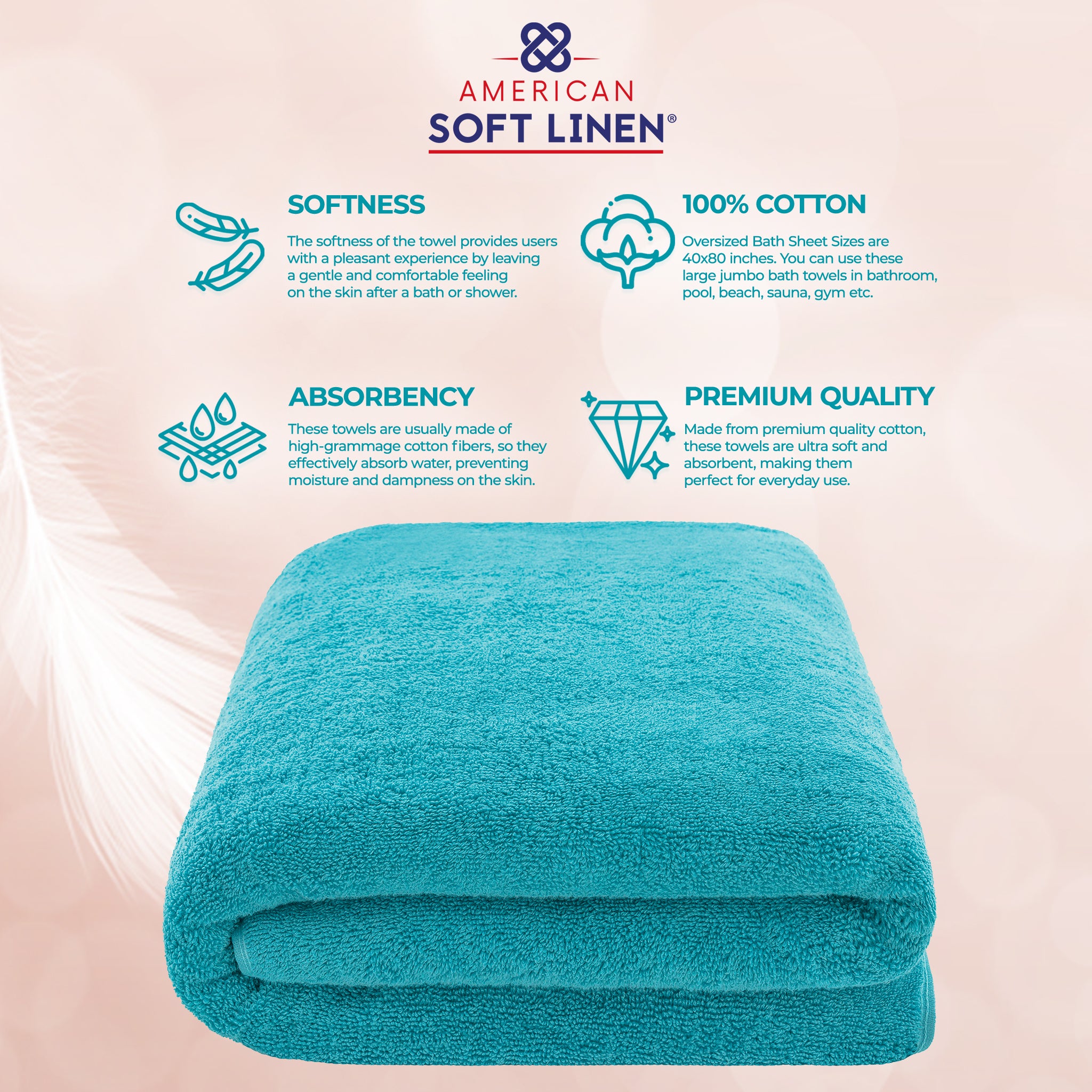 American-softlinen 100% Ring Spun Cotton 40x80 Inches Oversized Bath Sheets aqua-blue-4