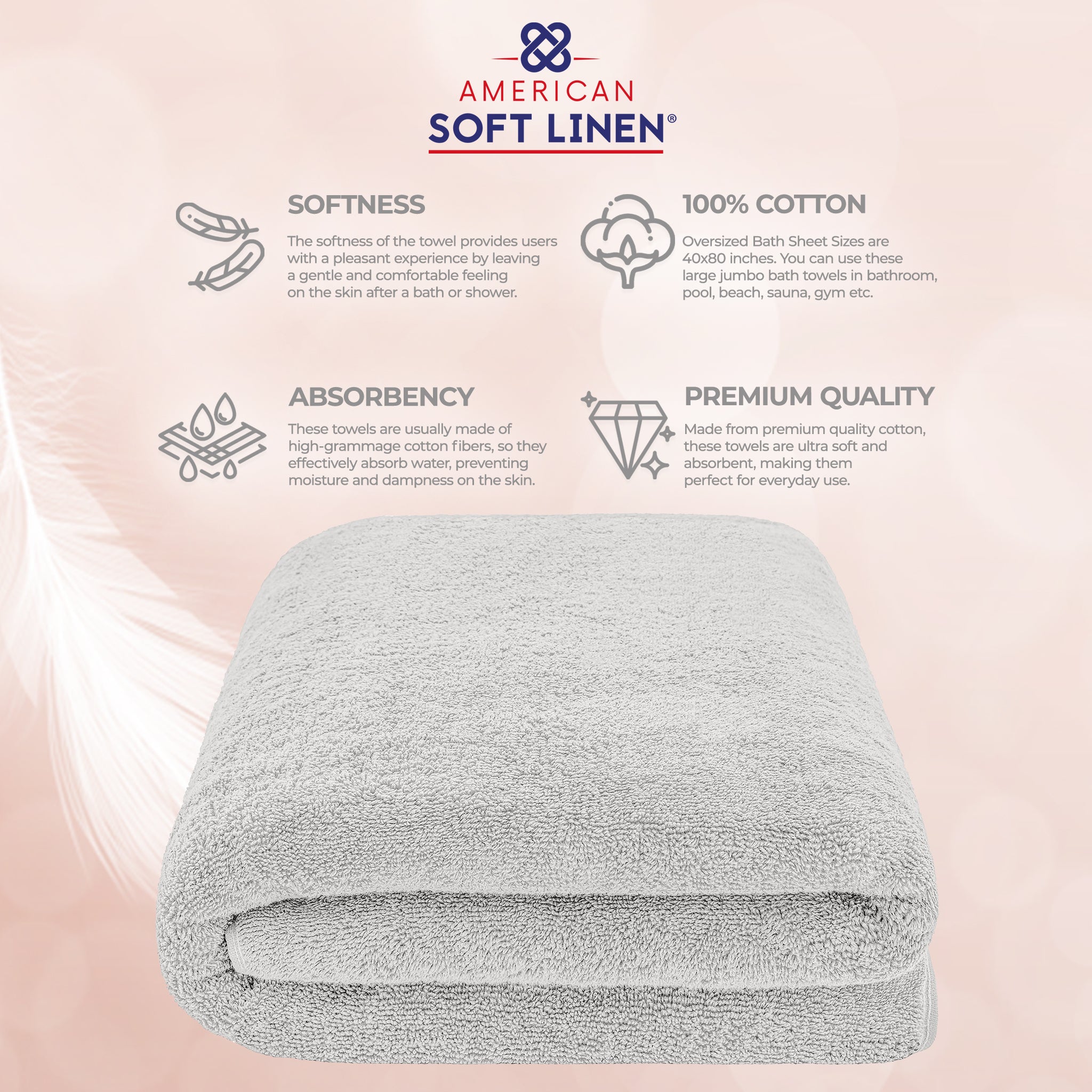 American-softlinen 100% Ring Spun Cotton 40x80 Inches Oversized Bath Sheets silver-gray-4
