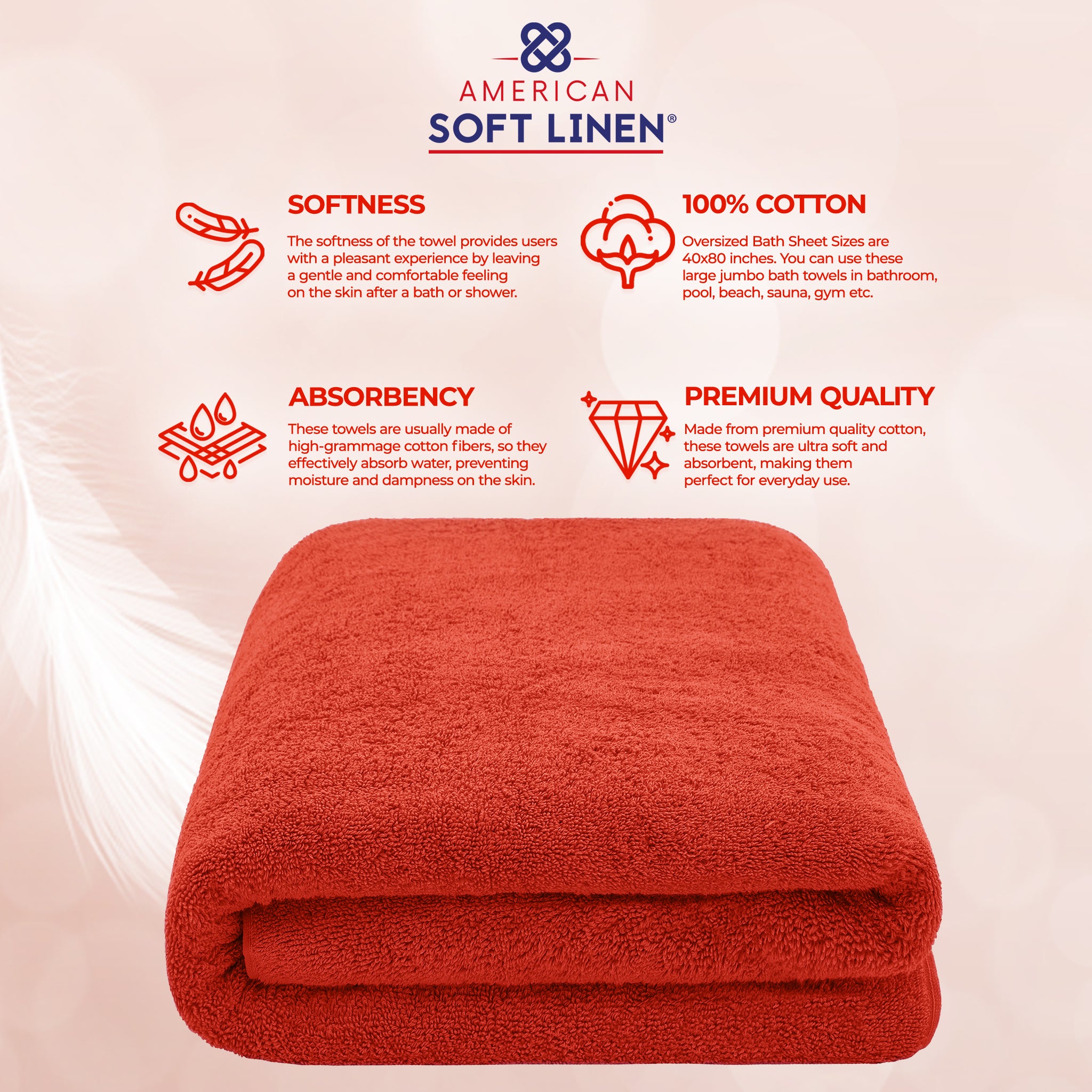 American-softlinen - 40x80 Inch Oversized Bath Sheet Turkish Bath Towel - 12 Piece Case Pack - red-5