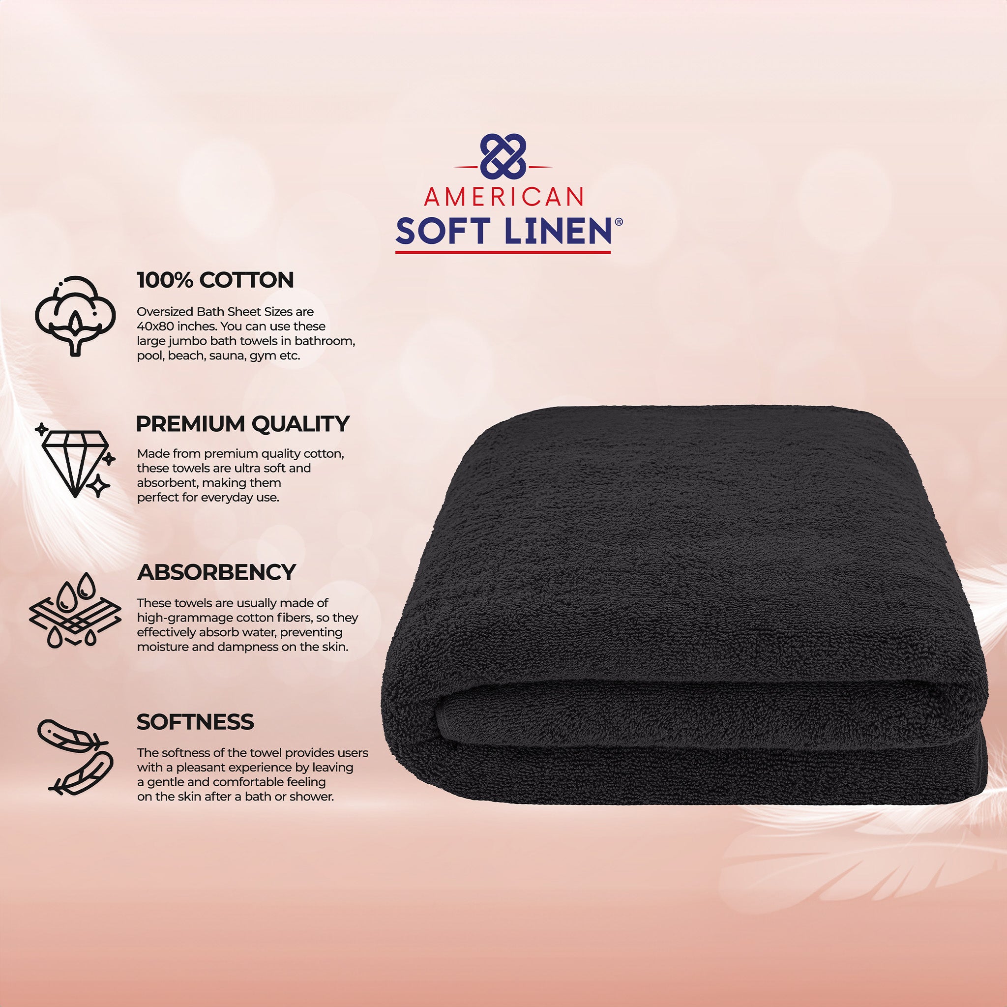 American-softlinen 100% Ring Spun Cotton 40x80 Inches Oversized Bath Sheets black-4