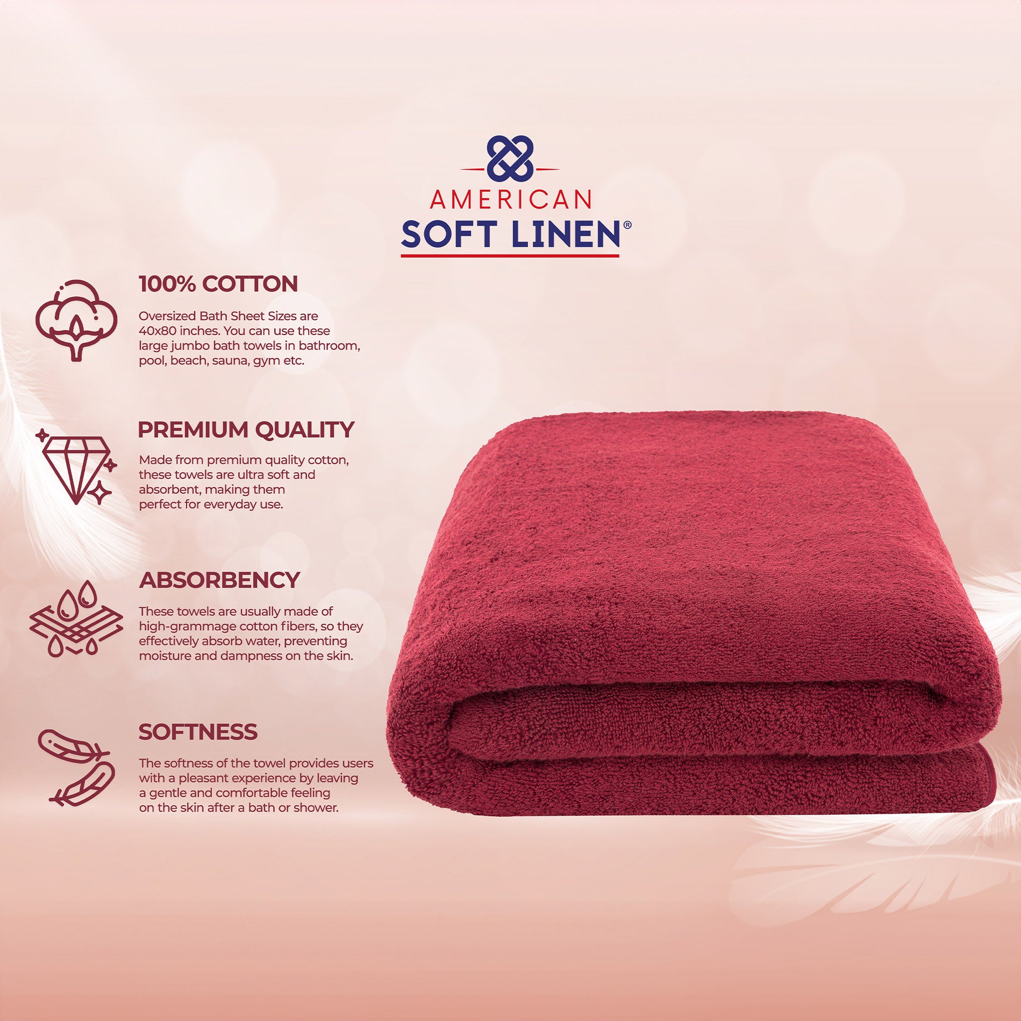 American-softlinen 100% Ring Spun Cotton 40x80 Inches Oversized Bath Sheets bordeaux-red-4