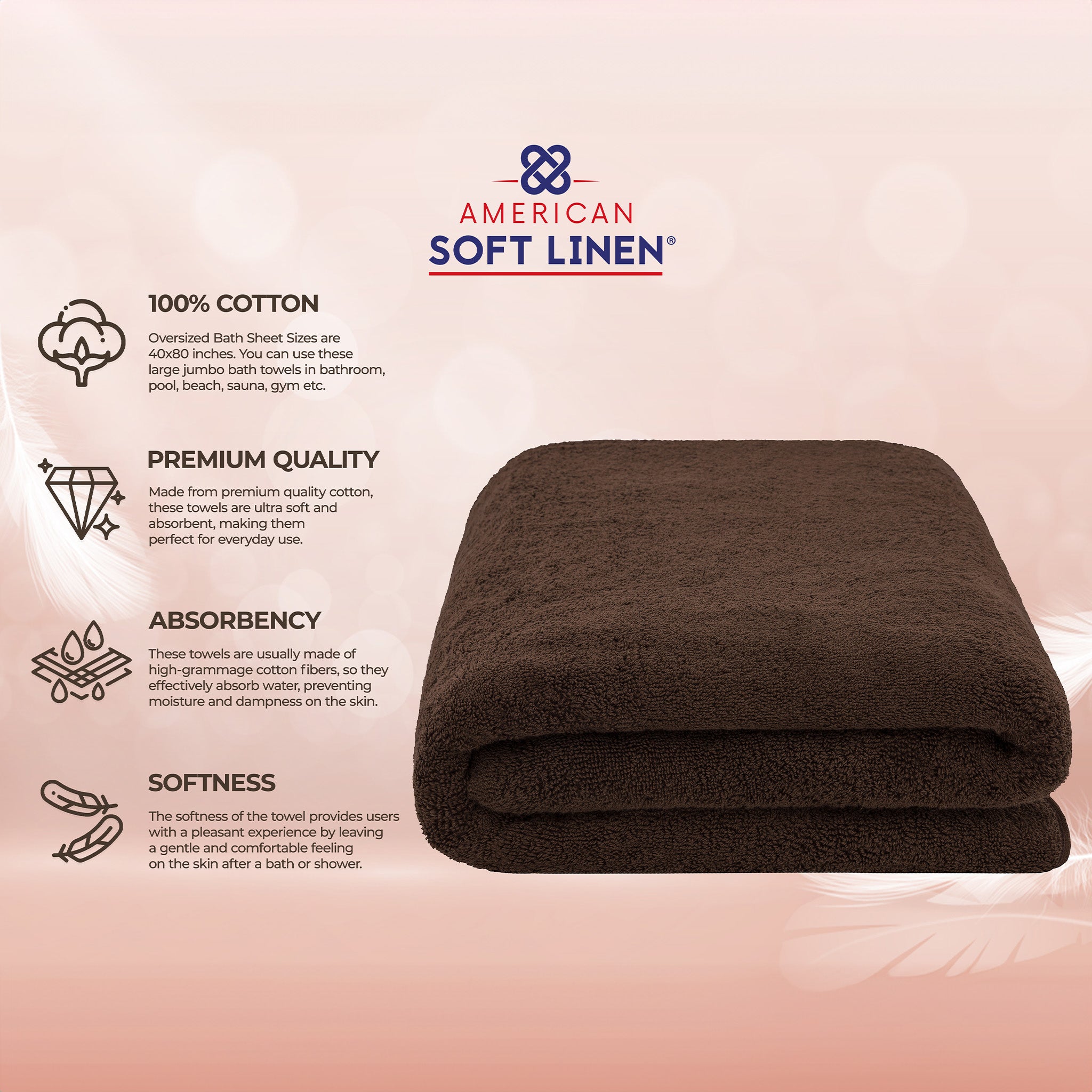American-softlinen 100% Ring Spun Cotton 40x80 Inches Oversized Bath Sheets chocolate-brown-4