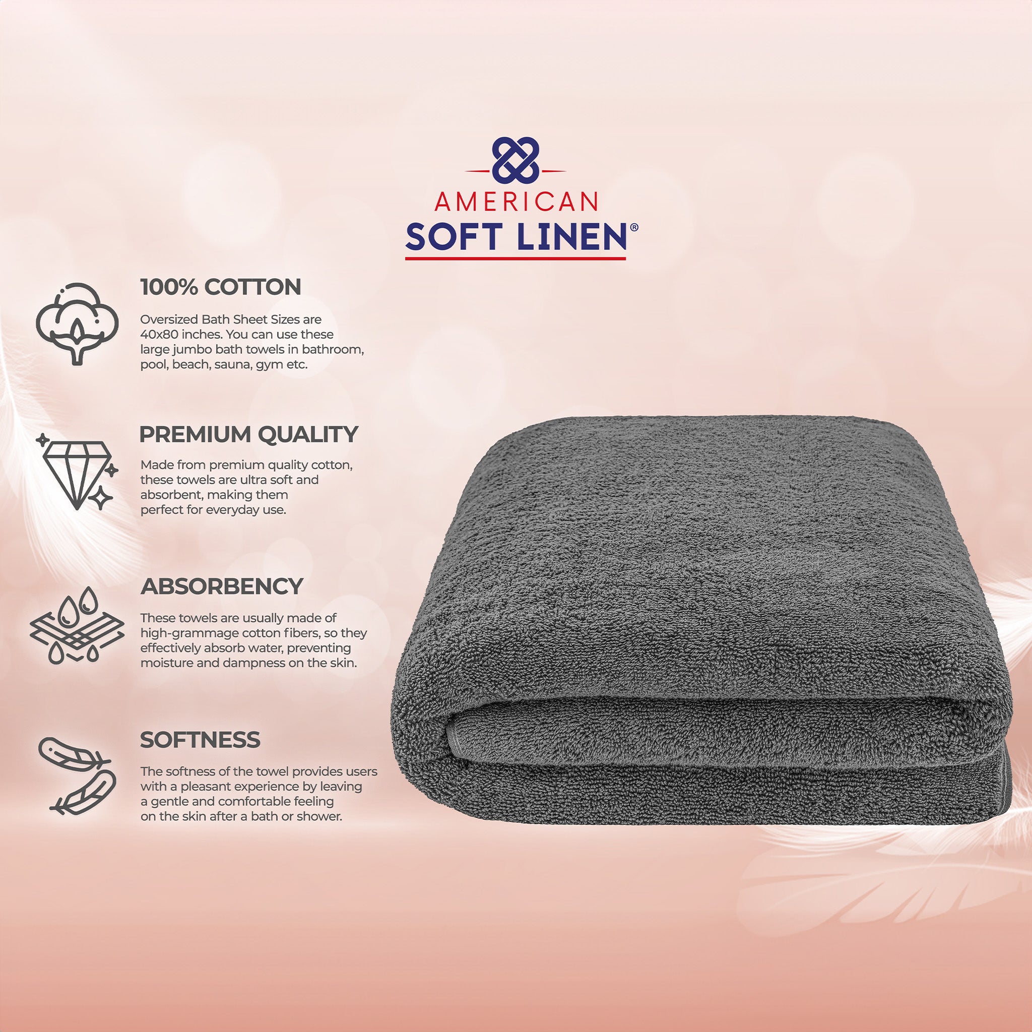 American-softlinen 100% Ring Spun Cotton 40x80 Inches Oversized Bath Sheets gray-4