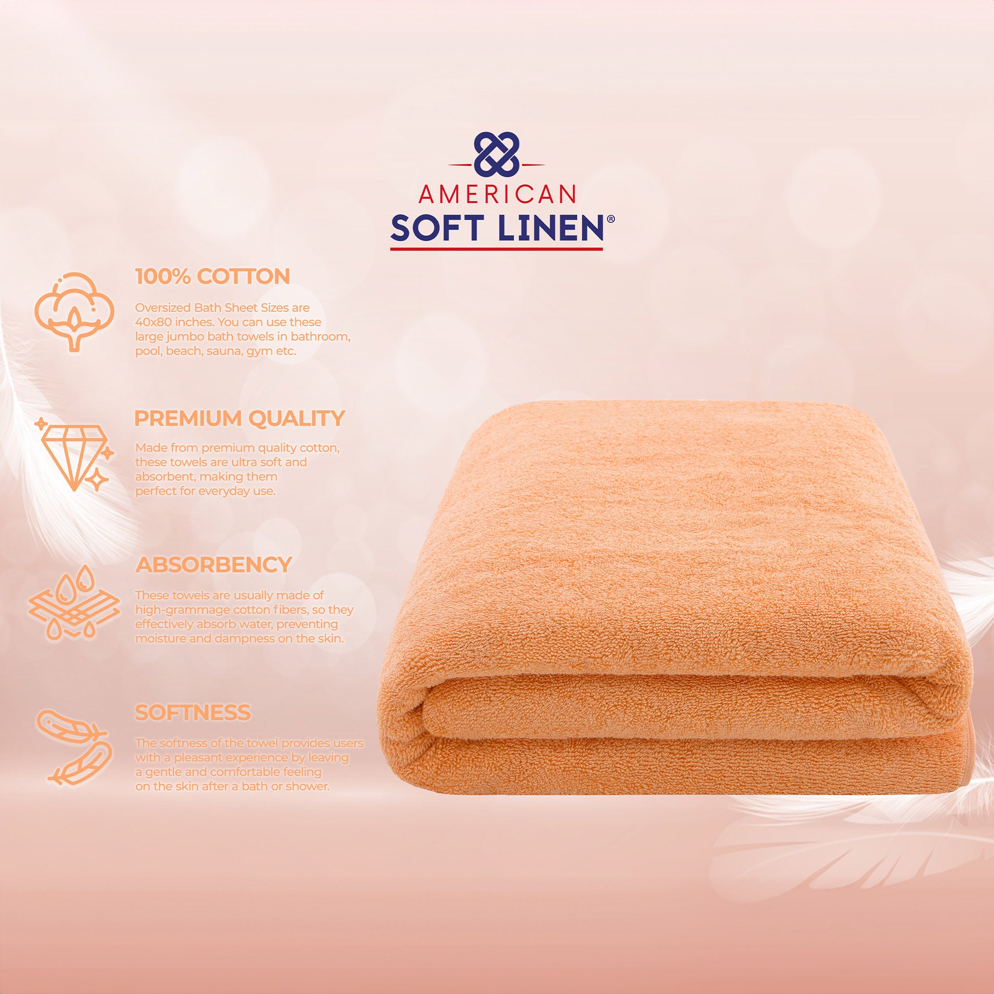 American-softlinen 100% Ring Spun Cotton 40x80 Inches Oversized Bath Sheets malibu-peach-4
