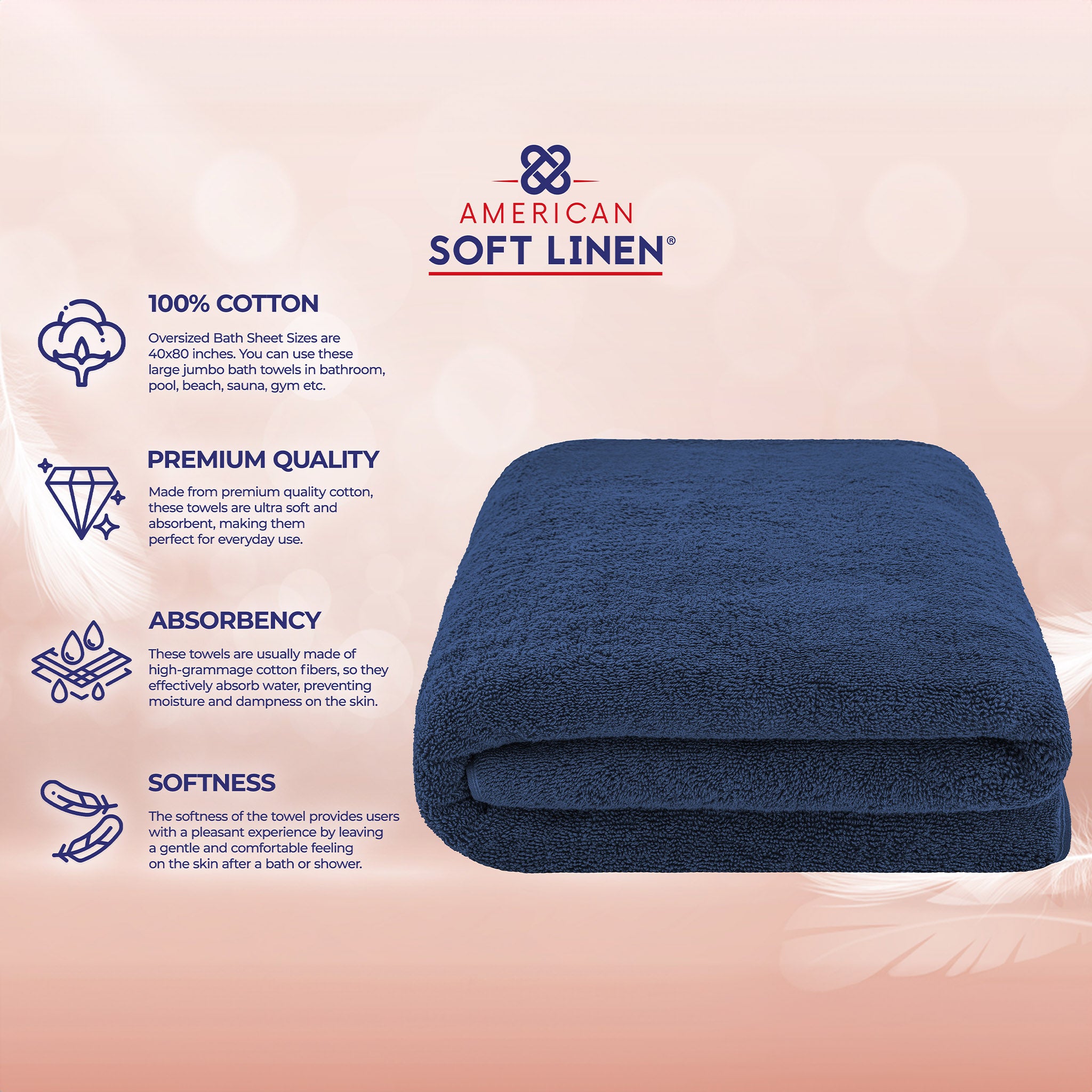 American-softlinen 100% Ring Spun Cotton 40x80 Inches Oversized Bath Sheets navy-blue-4