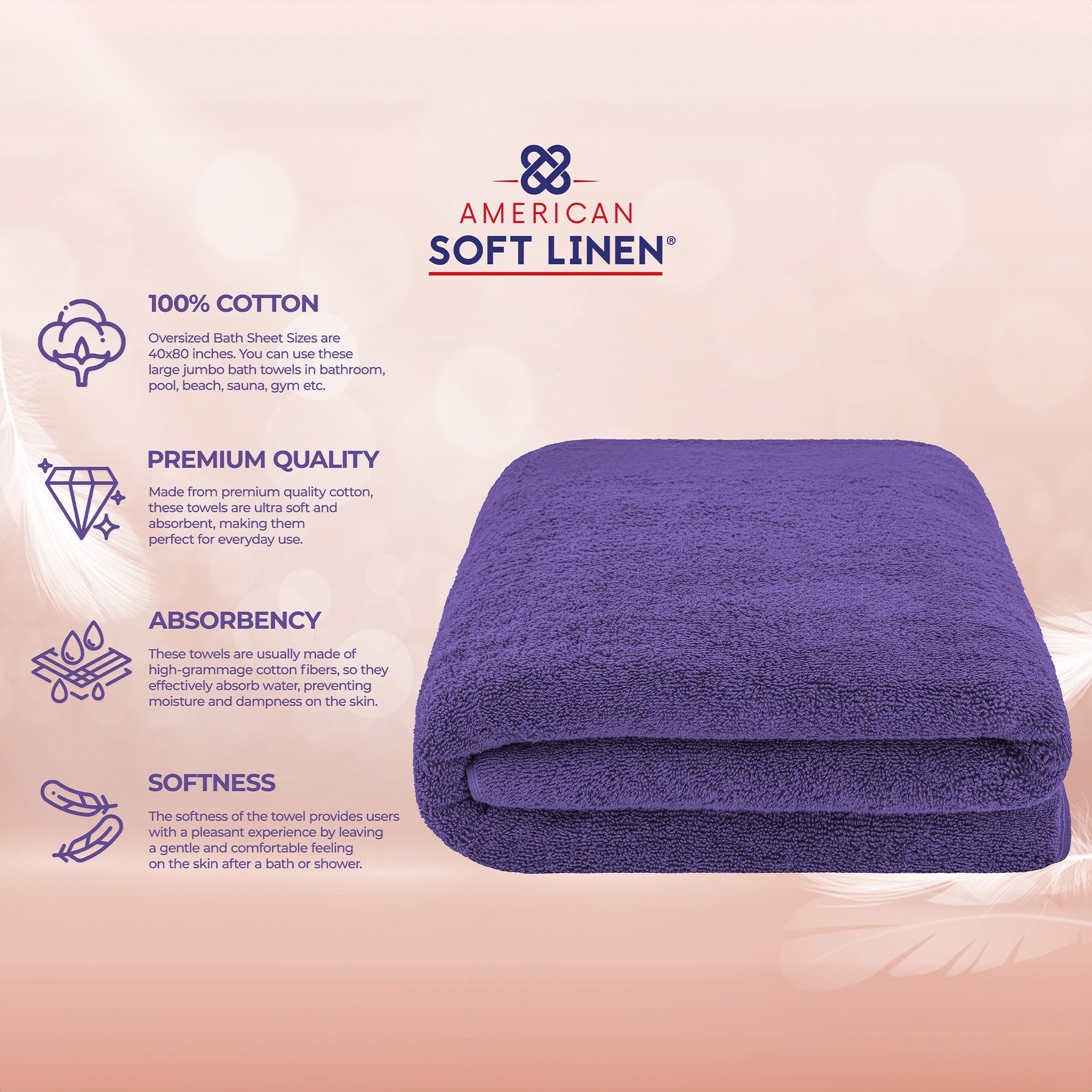 American-softlinen 100% Ring Spun Cotton 40x80 Inches Oversized Bath Sheets purple-4
