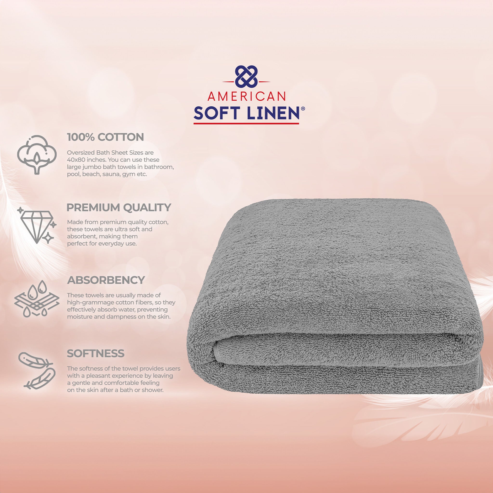 American-softlinen 100% Ring Spun Cotton 40x80 Inches Oversized Bath Sheets rockridge-gray-4