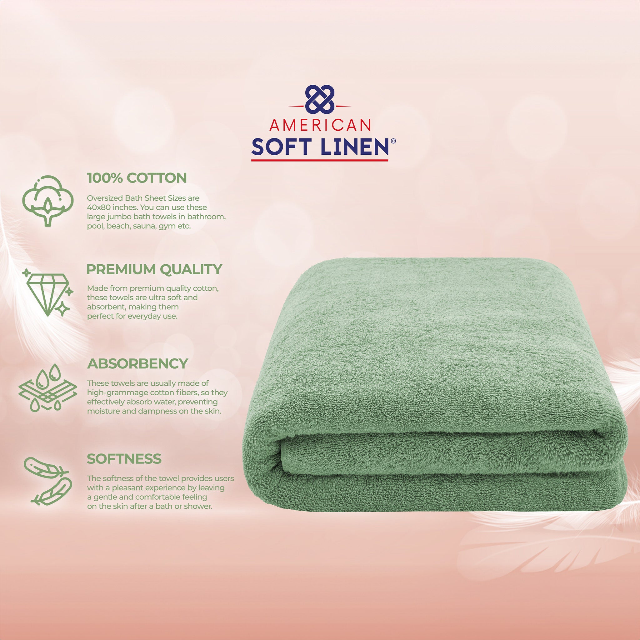 American-softlinen 100% Ring Spun Cotton 40x80 Inches Oversized Bath Sheets sage-green-4