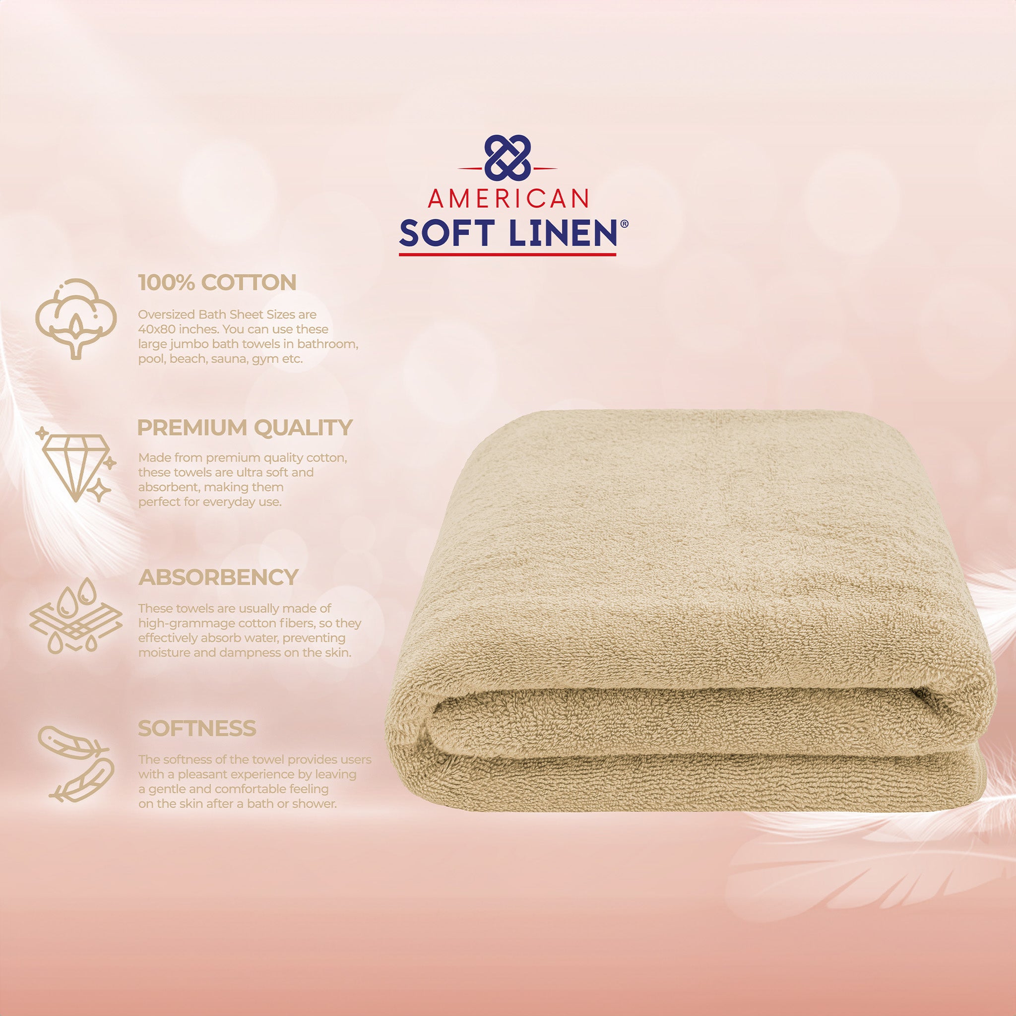 American-softlinen 100% Ring Spun Cotton 40x80 Inches Oversized Bath Sheets sand-taupe-4