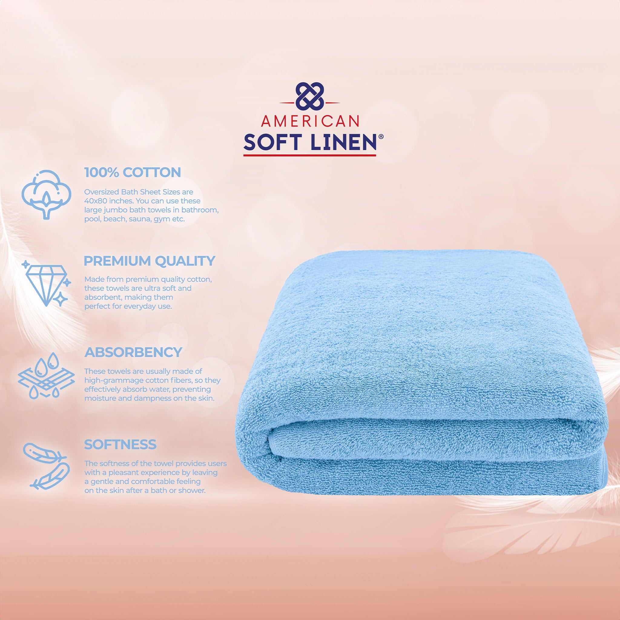 American-softlinen 100% Ring Spun Cotton 40x80 Inches Oversized Bath Sheets sky-blue-4