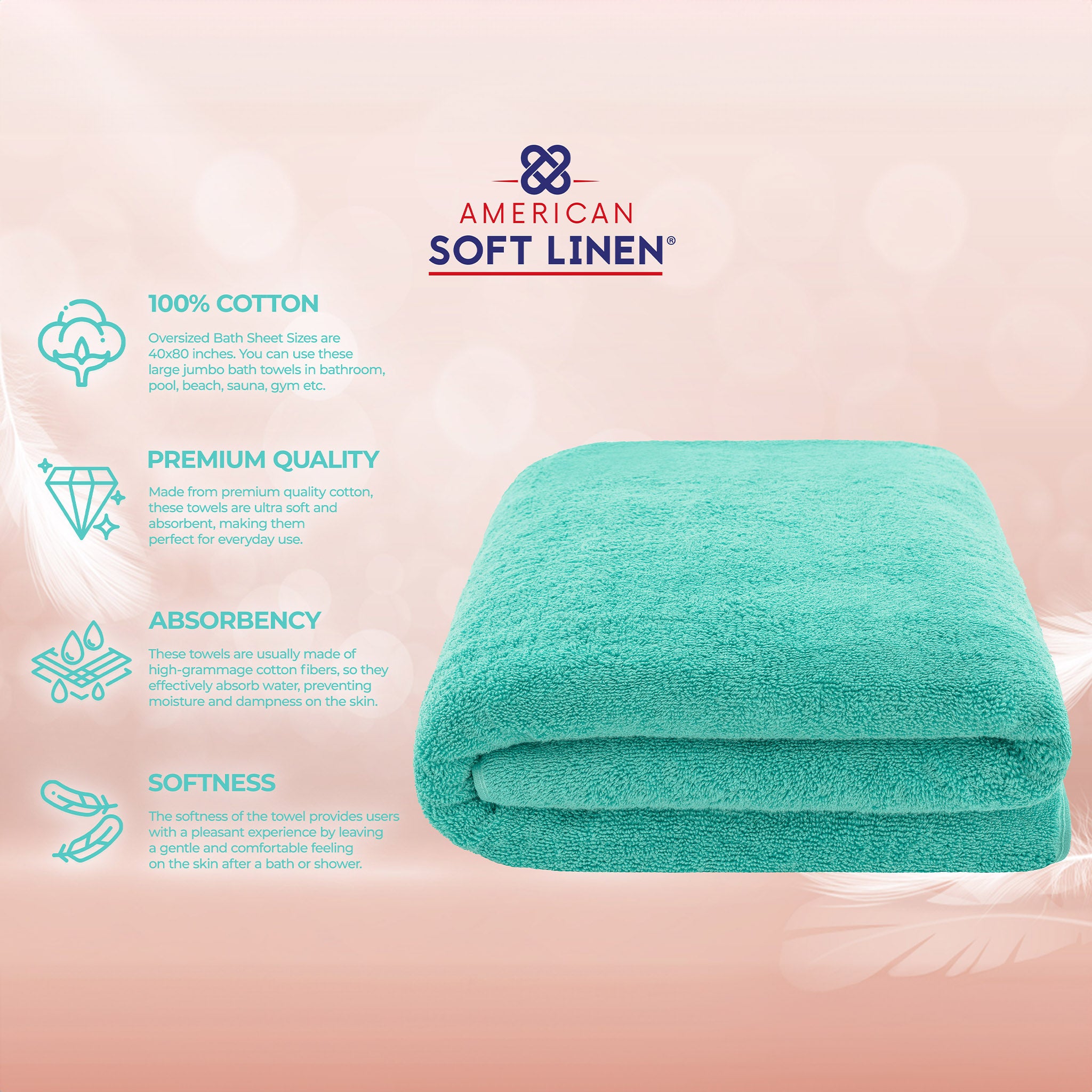 American-softlinen 100% Ring Spun Cotton 40x80 Inches Oversized Bath Sheets turquoise-blue-4