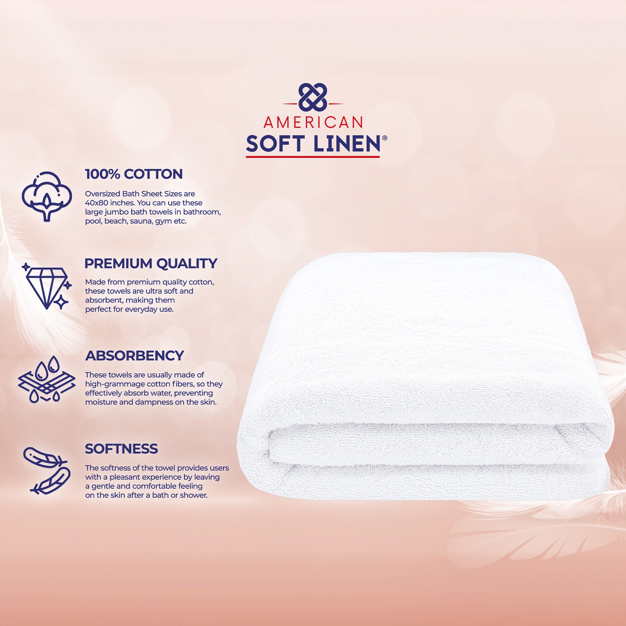 American-softlinen 100% Ring Spun Cotton 40x80 Inches Oversized Bath Sheets white-4