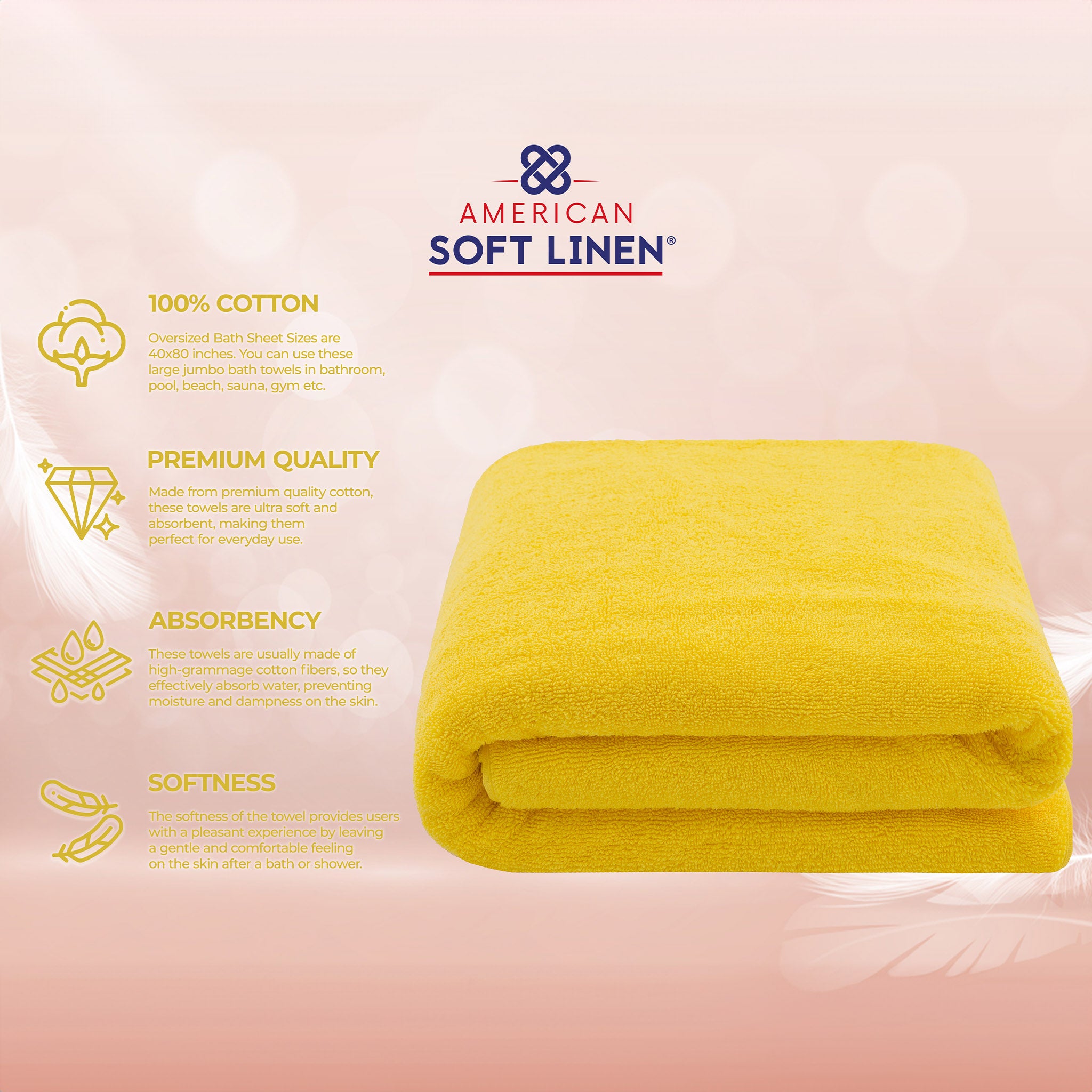 American-softlinen 100% Ring Spun Cotton 40x80 Inches Oversized Bath Sheets yellow-4