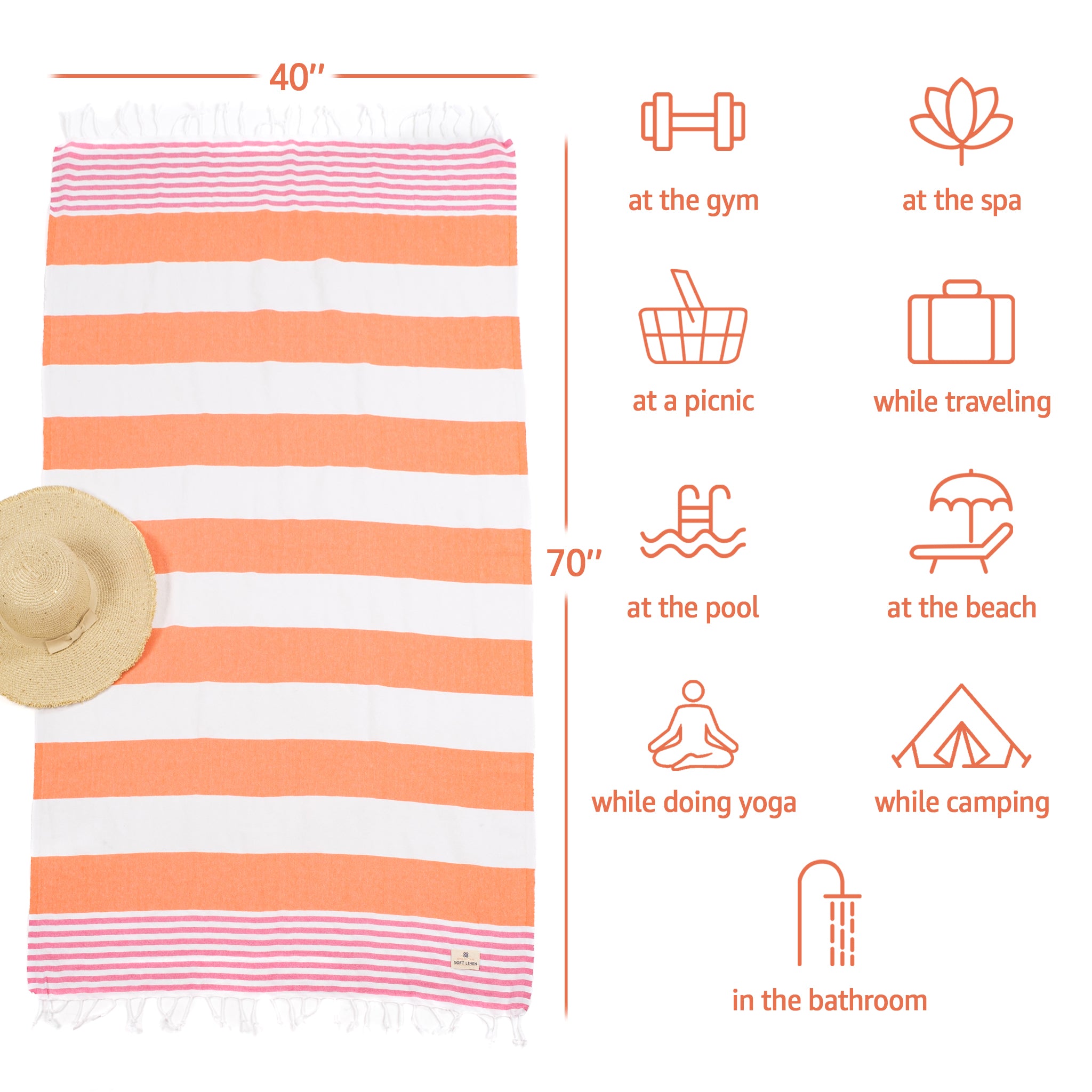 American-softlinen Turkish Peshtemal Beach Towels, Cotton 4 Pack, 40" x 70" Size, Swim Towels for Beach and Pool Towels