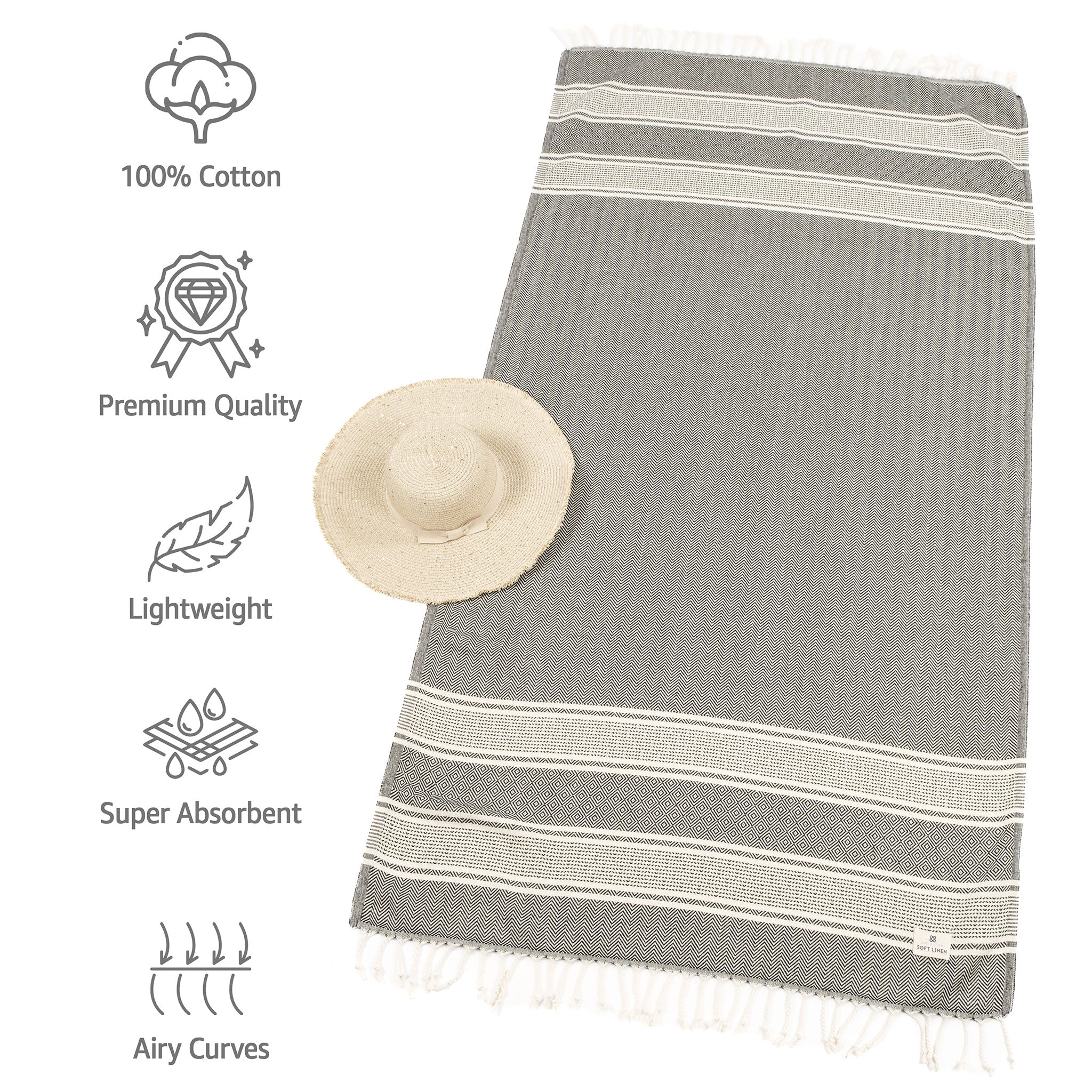 American-softlinen - 100% Cotton Turkish Peshtemal Towels 40x70 Inches - Black-Striped - 3