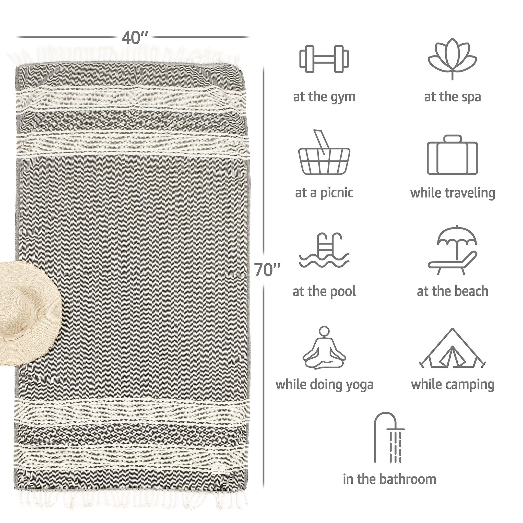 American-softlinen - 100% Cotton Turkish Peshtemal Towels 40x70 Inches - Black-Striped - 4