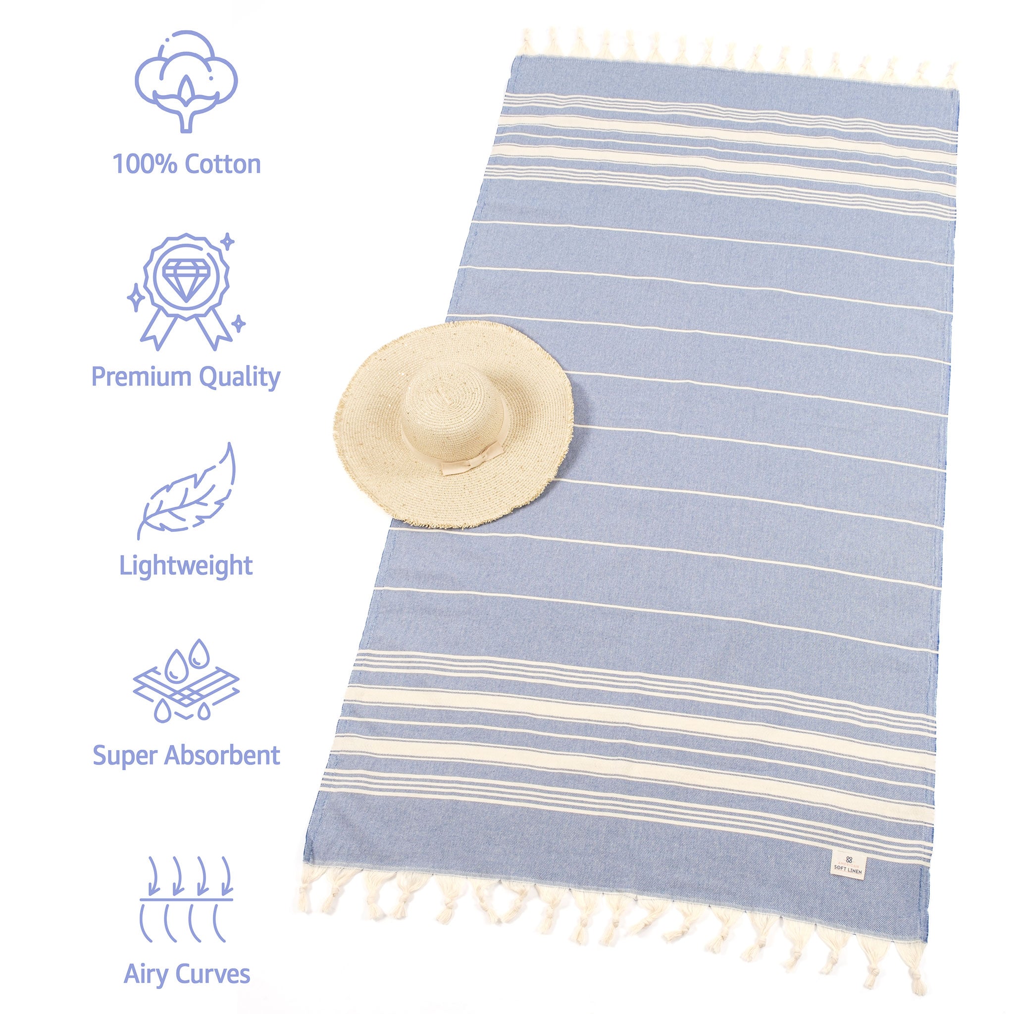 American-softlinen - 100% Cotton Turkish Peshtemal Towels 40x70 Inches - Blue - 3