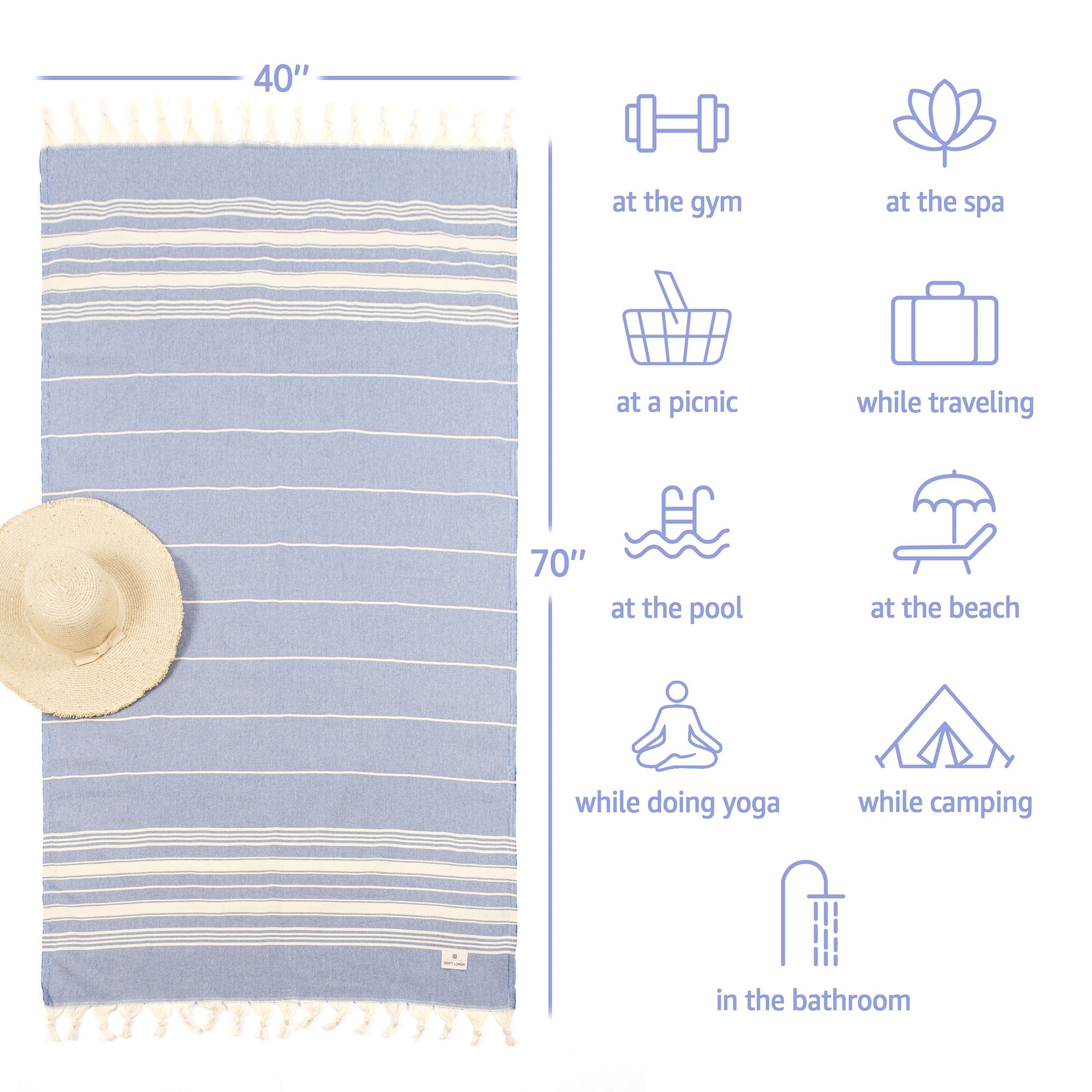 American-softlinen - 100% Cotton Turkish Peshtemal Towels 40x70 Inches - Blue - 4