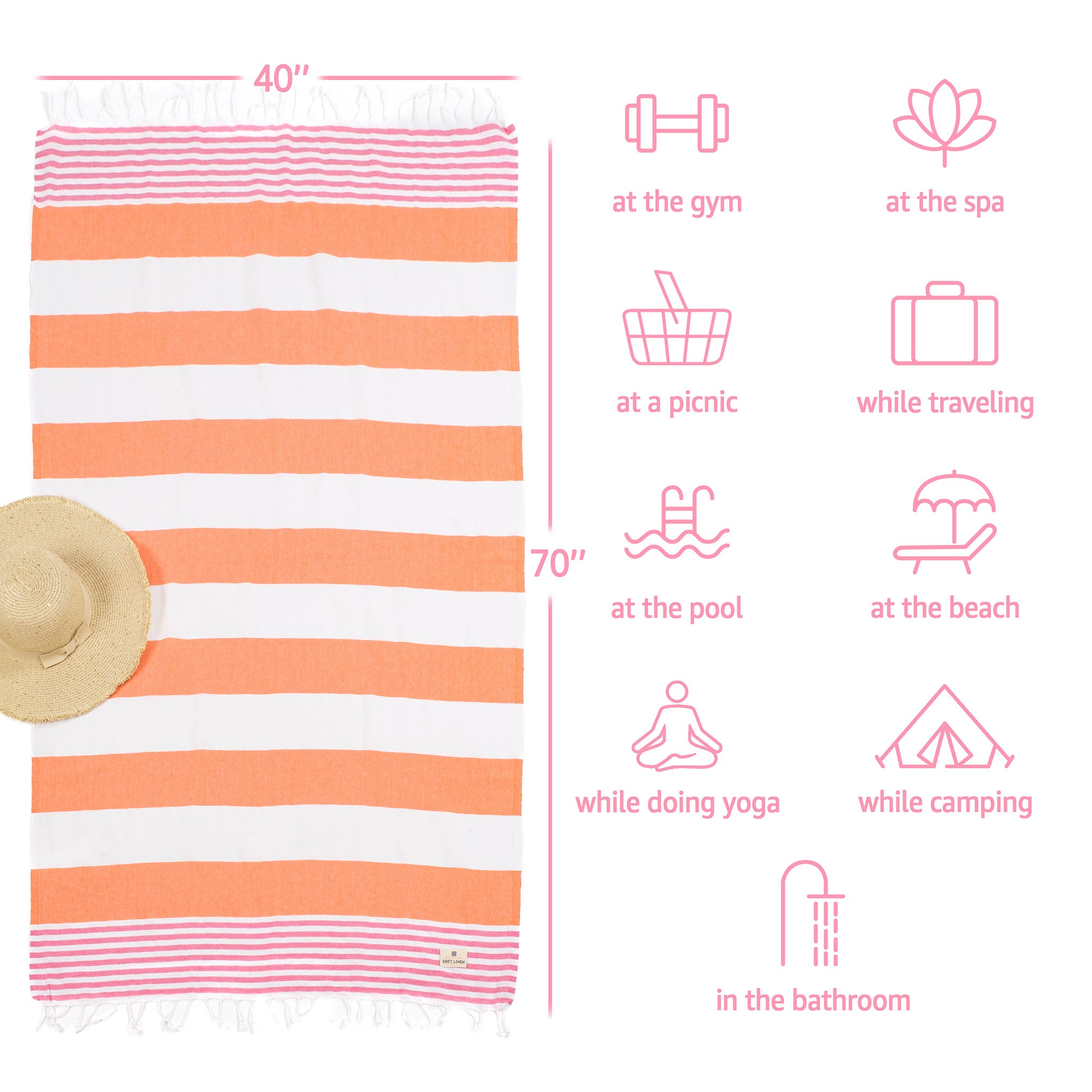 American-softlinen - 100% Cotton Turkish Peshtemal Towels 40x70 Inches - Pink - 4