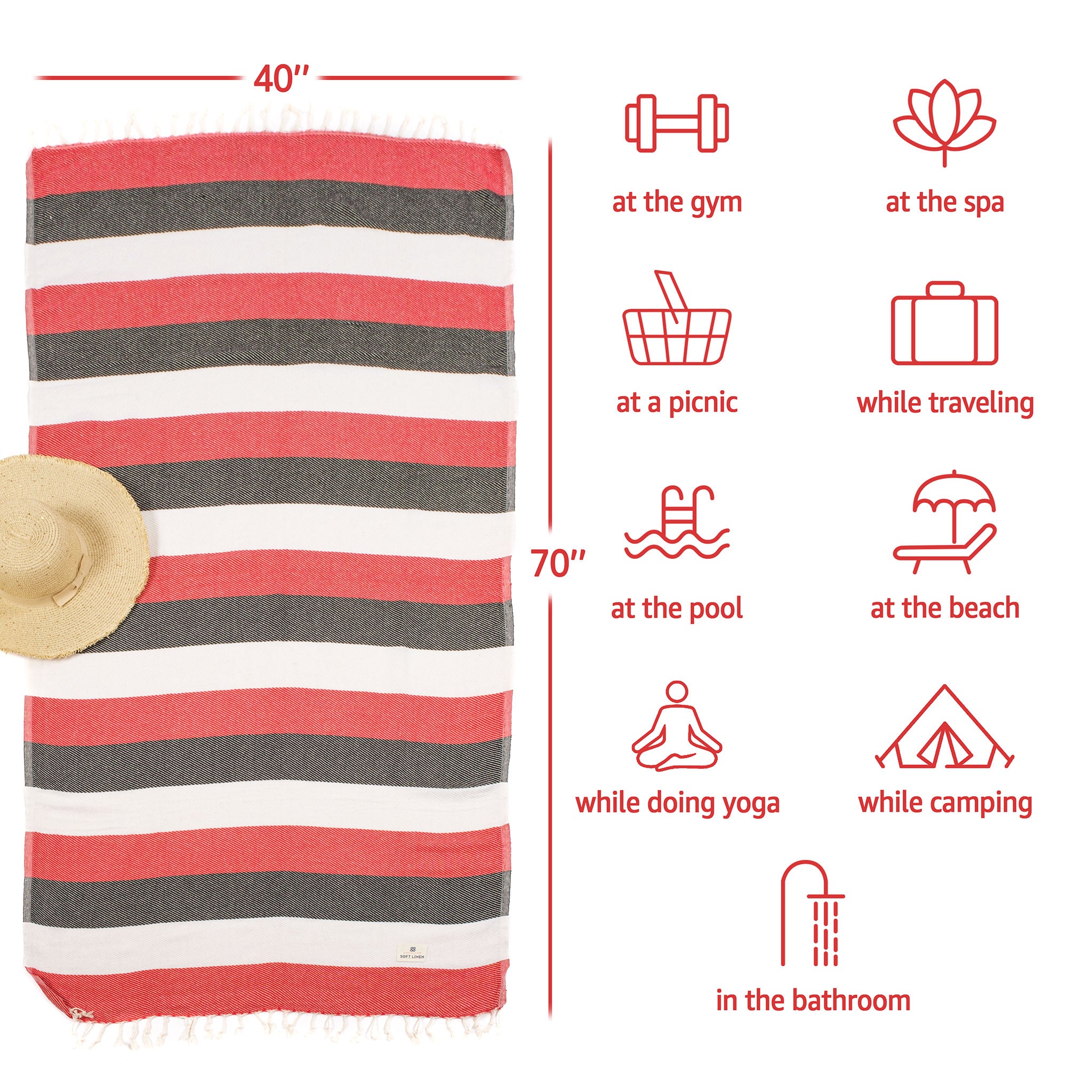 American-softlinen - 100% Cotton Turkish Peshtemal Towels 40x70 Inches - Red - 4