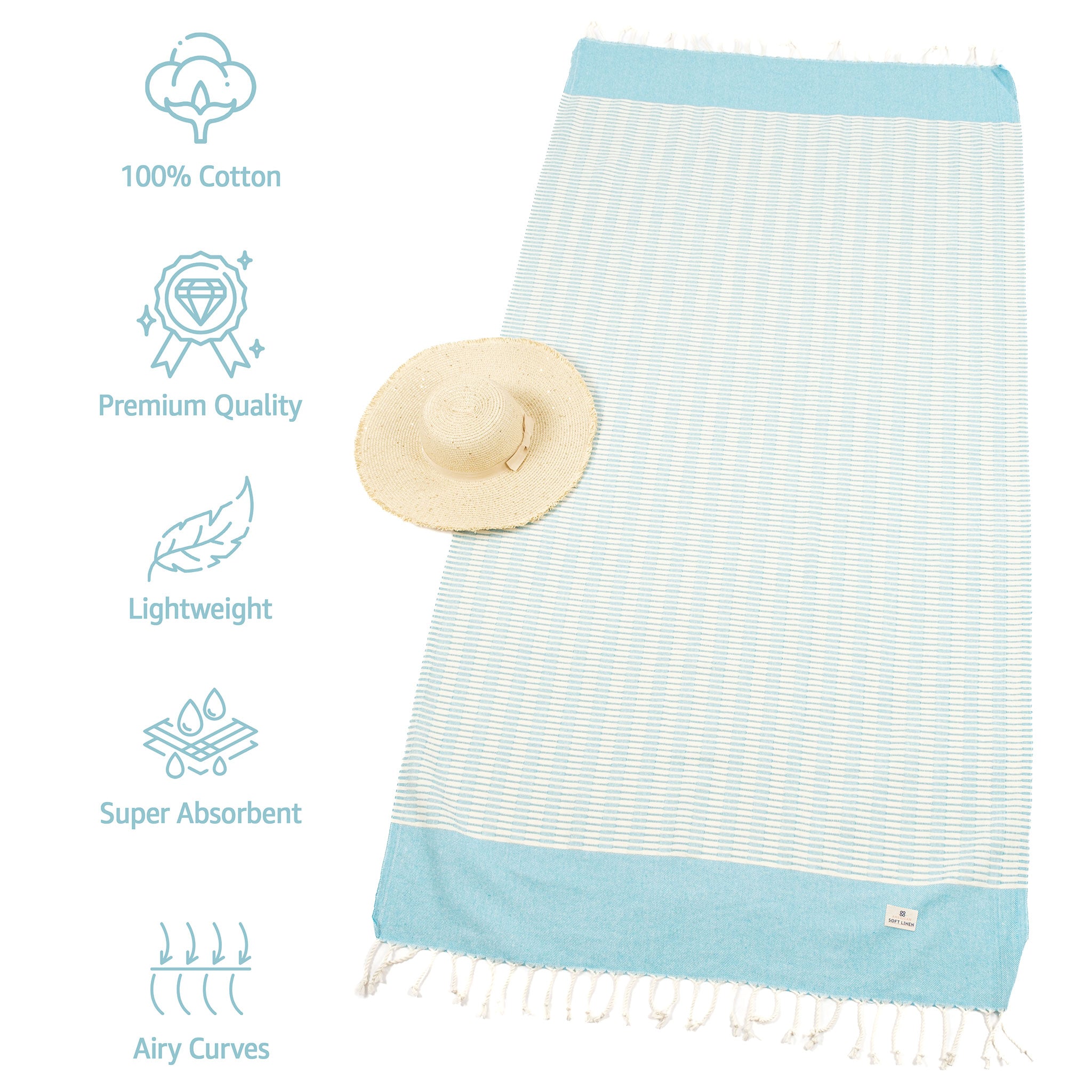 American-softlinen - 100% Cotton Turkish Peshtemal Towels 40x70 Inches - Turquoise - 3