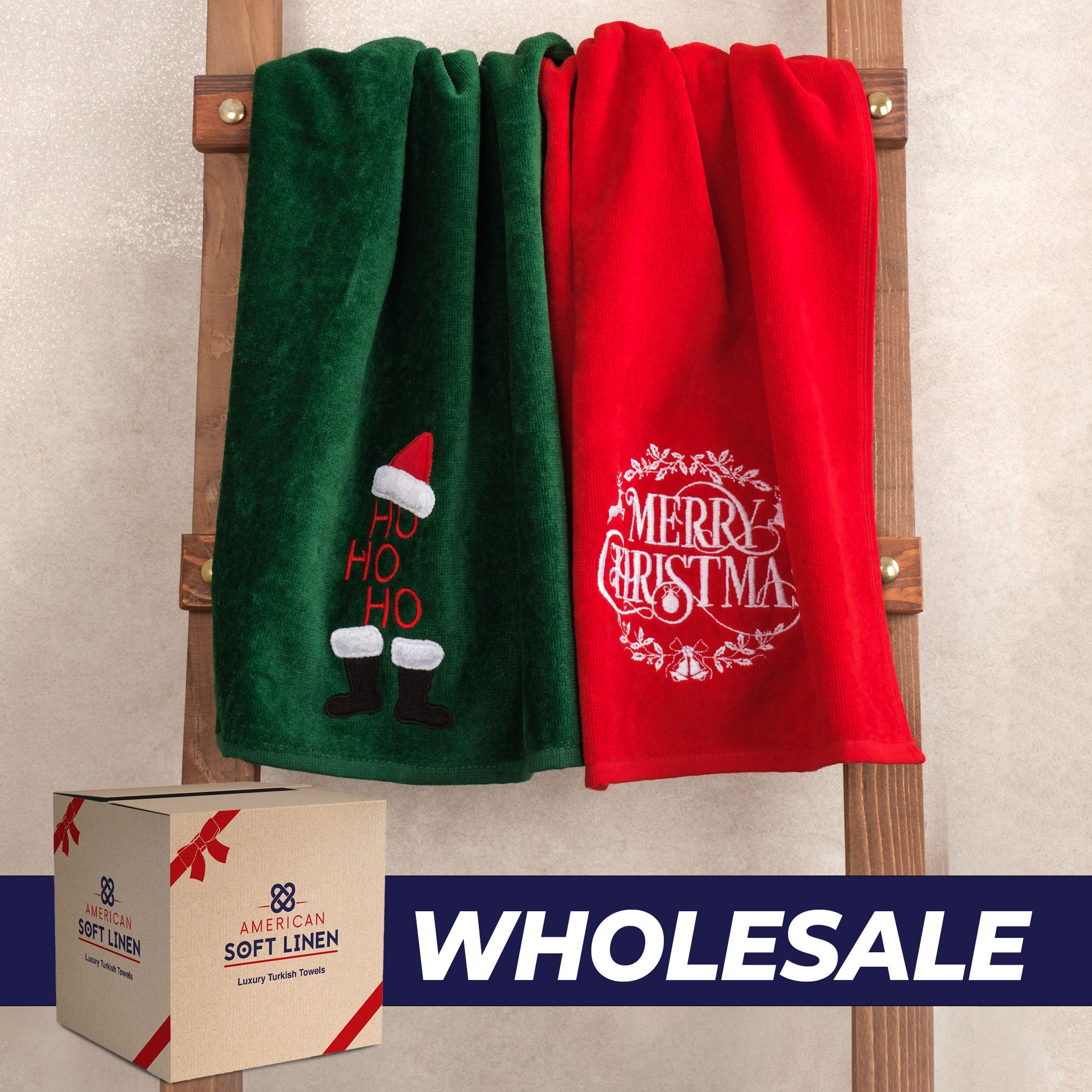 American-softlinen - Christmas Towels 2  Packed Embroidered Towels for Decor Xmas - 60 Set Case Pack - Merry-Hoho - 0