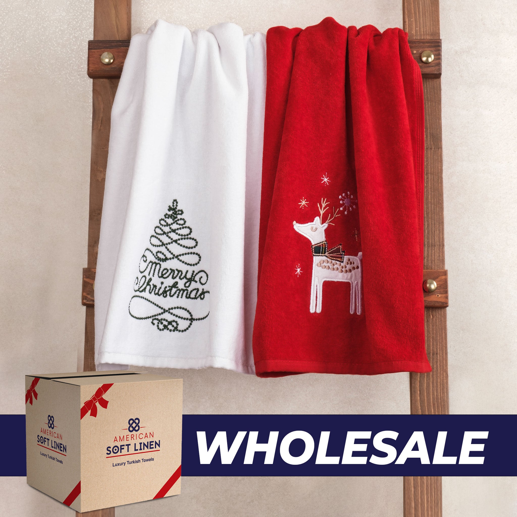 American-softlinen - Christmas Towels 2  Packed Embroidered Towels for Decor Xmas - 60 Set Case Pack - Merry Tree-Deery -  0