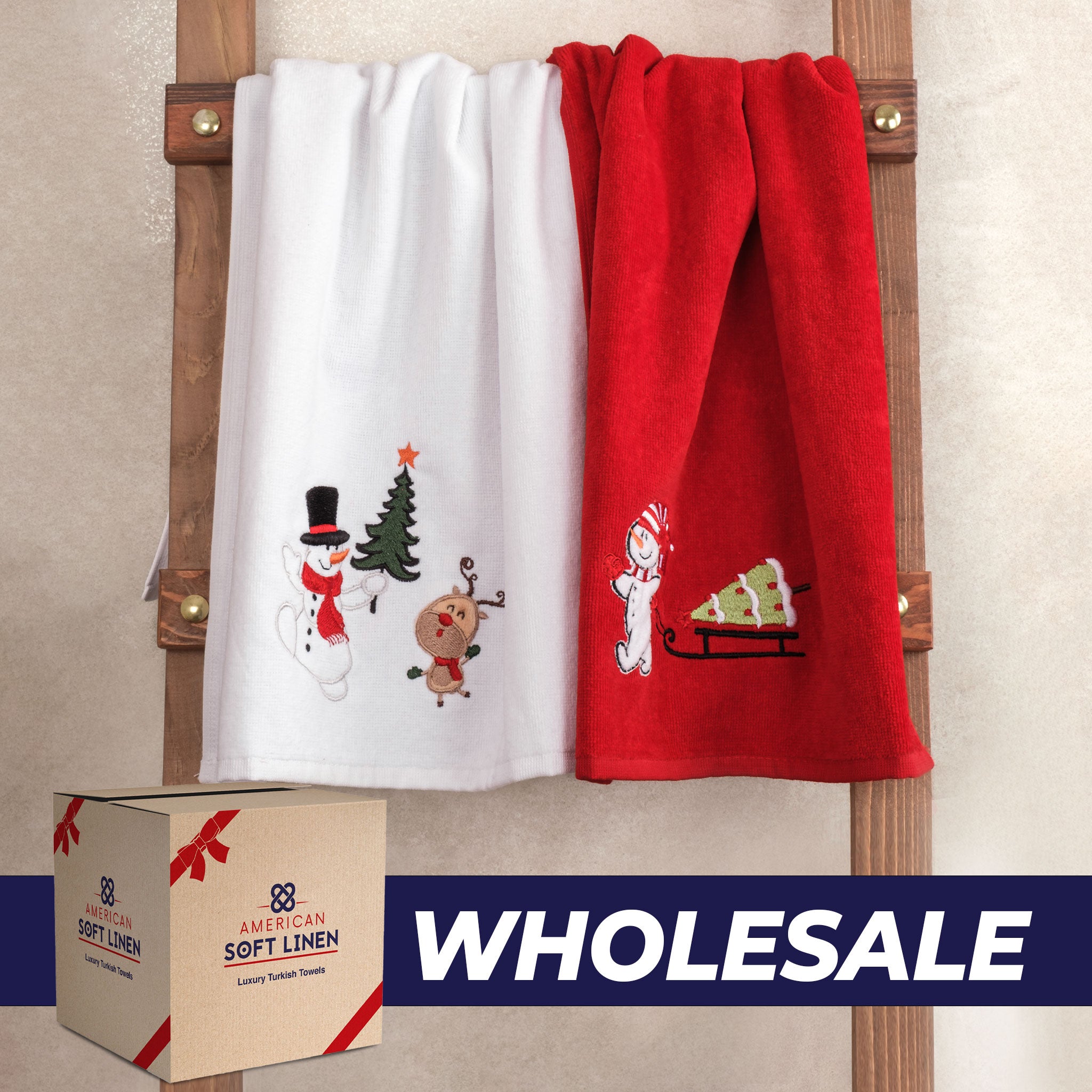 American-softlinen - Christmas Towels 2  Packed Embroidered Towels for Decor Xmas - 60 Set Case Pack - Snowmen - 0