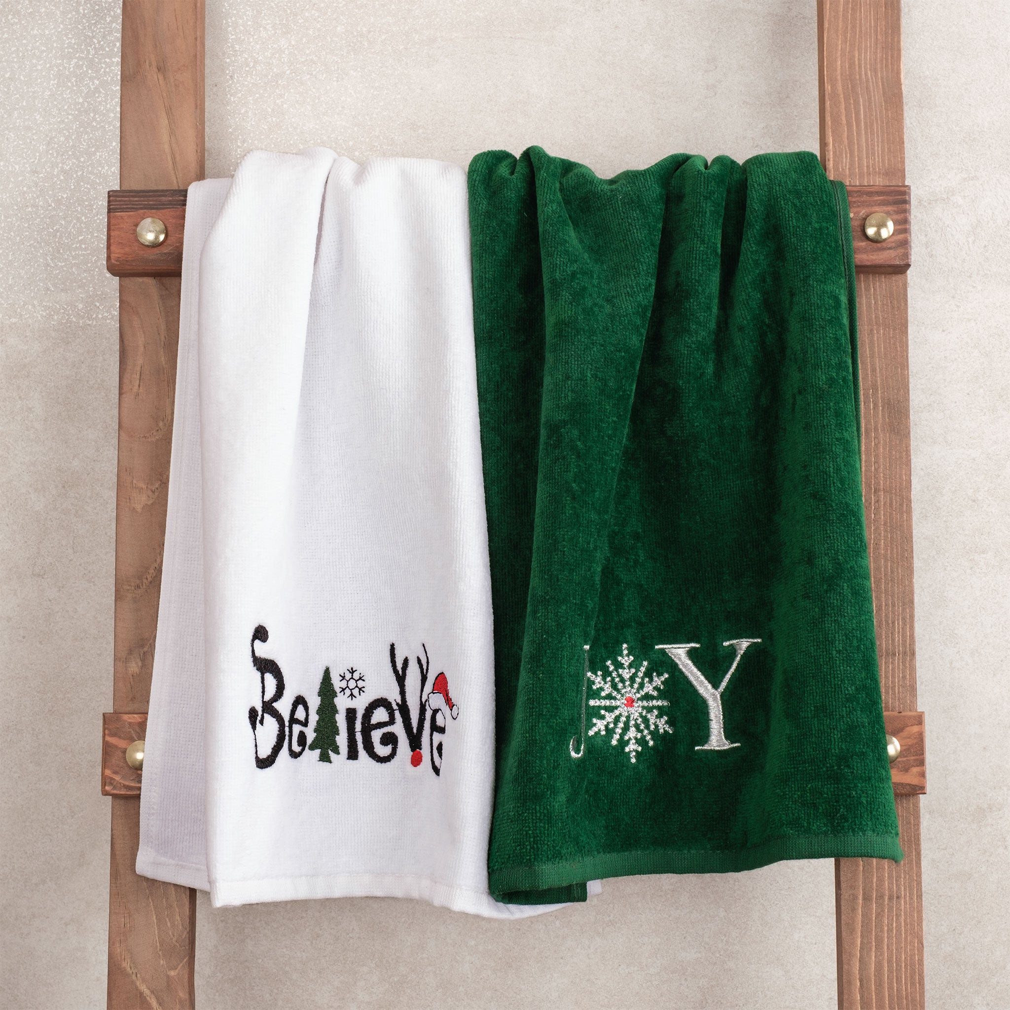 American-softlinen - Christmas Towels 2 Packed Embroidered Towels for Decor Xmas - Joy-Believe - 1