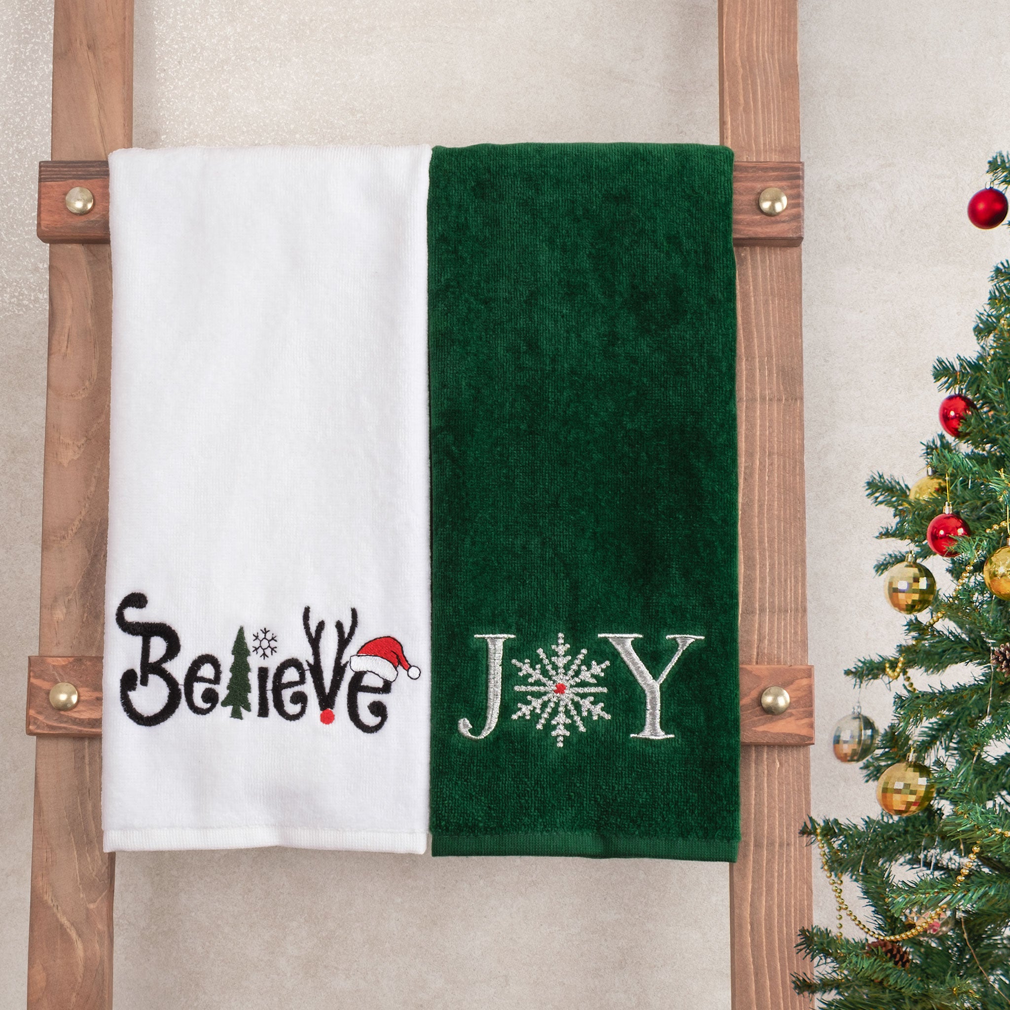 American-softlinen - Christmas Towels 2 Packed Embroidered Towels for Decor Xmas - Joy-Believe - 2
