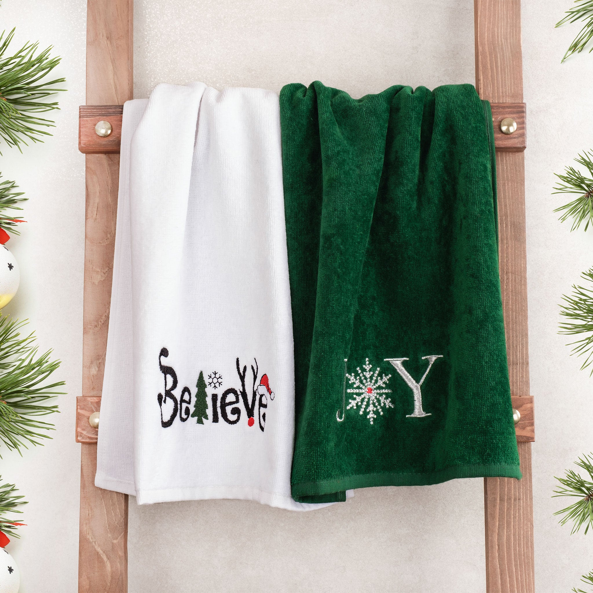 American-softlinen - Christmas Towels 2 Packed Embroidered Towels for Decor Xmas - Joy-Believe - 3