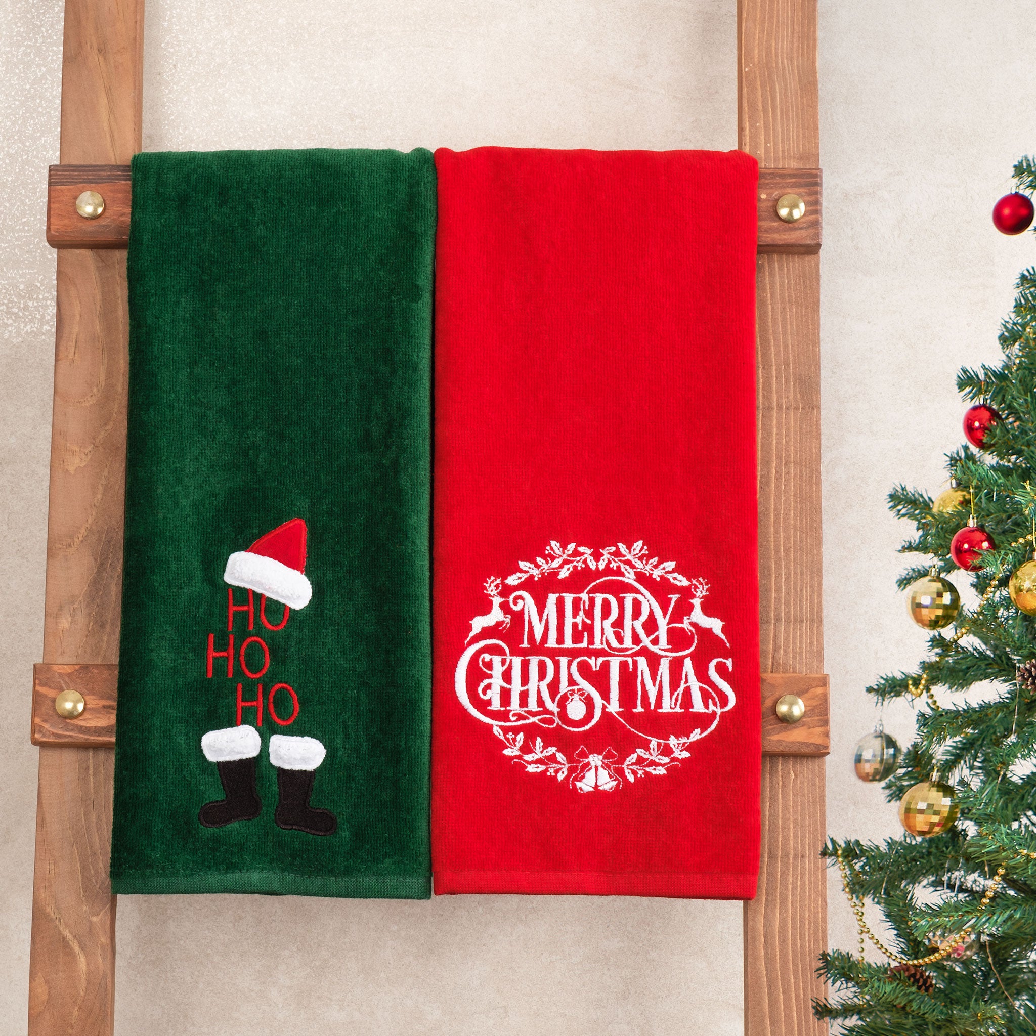 American-softlinen - Christmas Towels 2 Packed Embroidered Towels for Decor Xmas - Merry-Hoho - 2