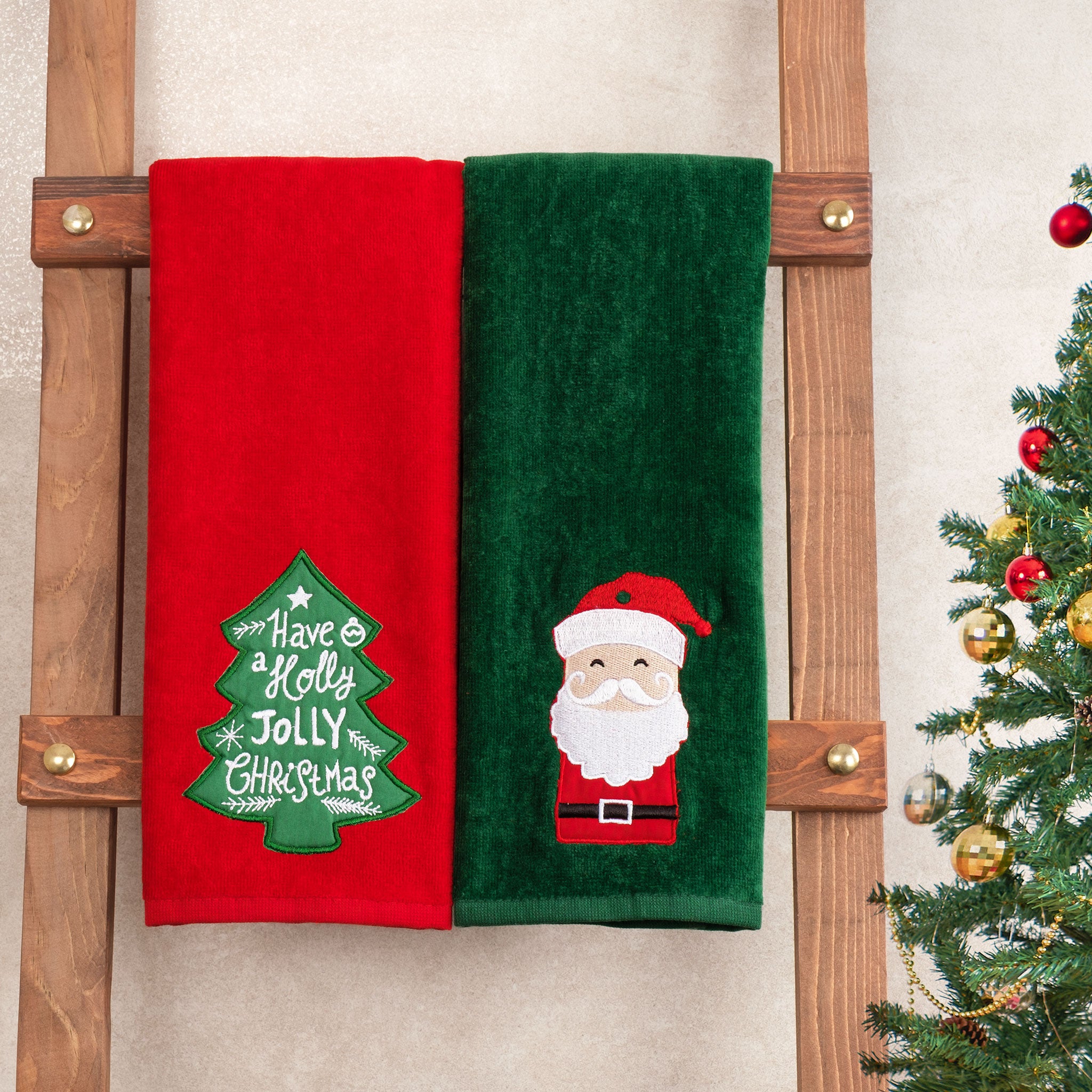American-softlinen - Christmas Towels 2 Packed Embroidered Towels for Decor Xmas - Santa-tree - 2