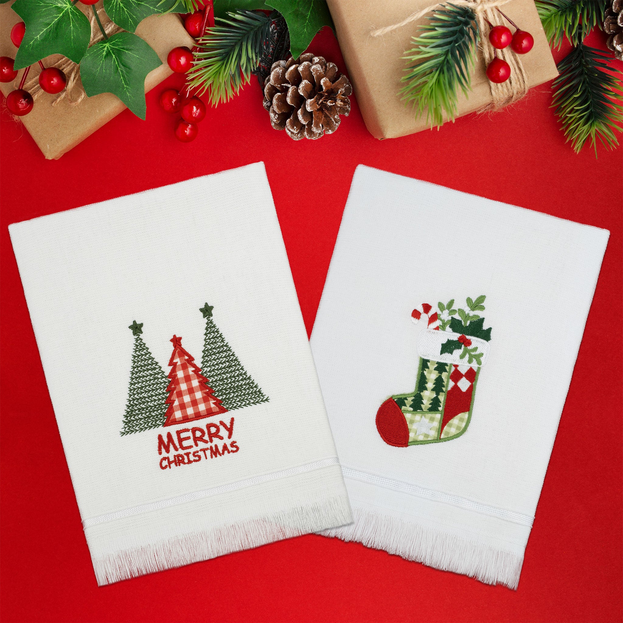  American-softlinen - Christmas Towels Set 2 Packed Embroidered Turkish Cotton Hand Towels - Christmas Tree Socks - 1