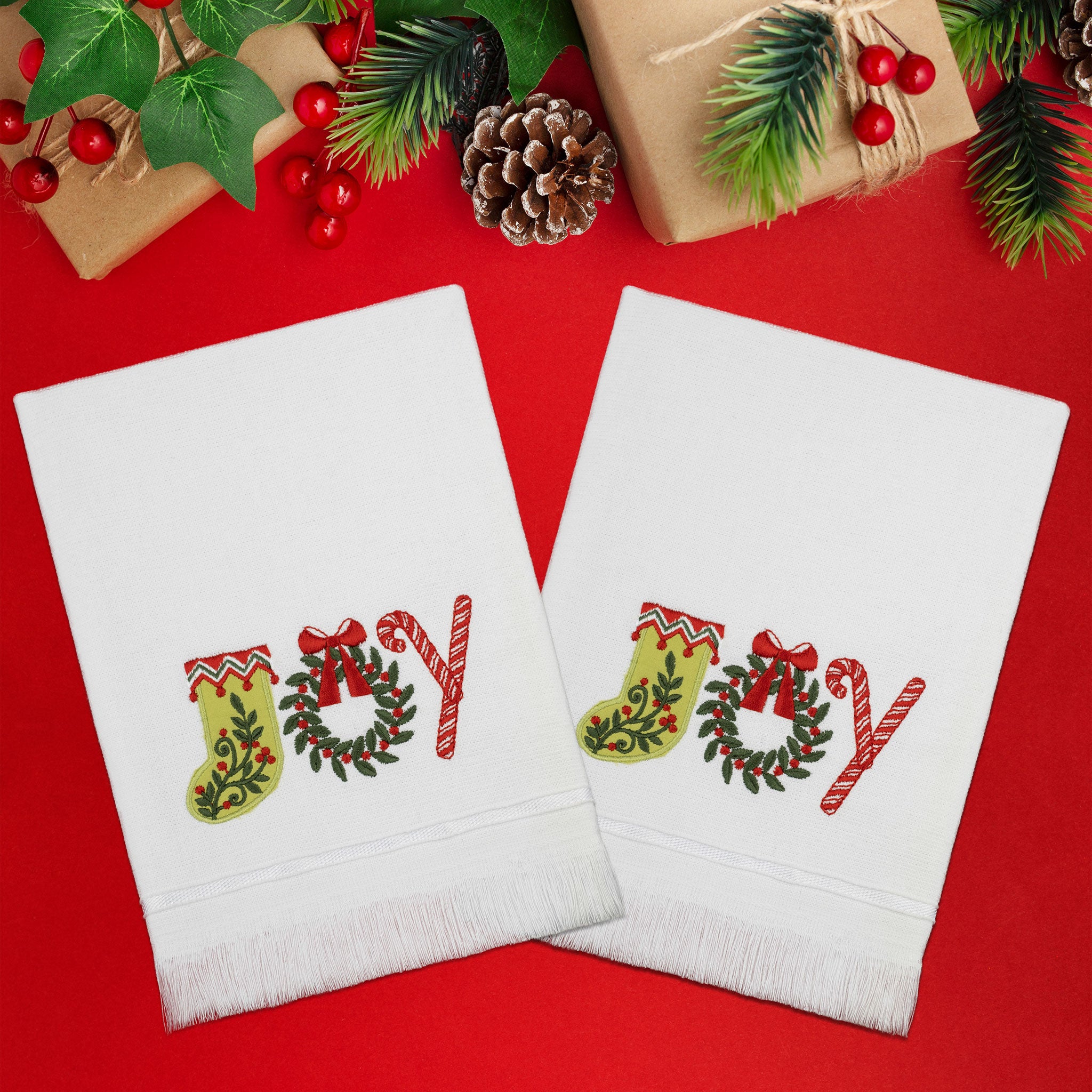  American-softlinen - Christmas Towels Set 2 Packed Embroidered Turkish Cotton Hand Towels - Joy Lettering - 1