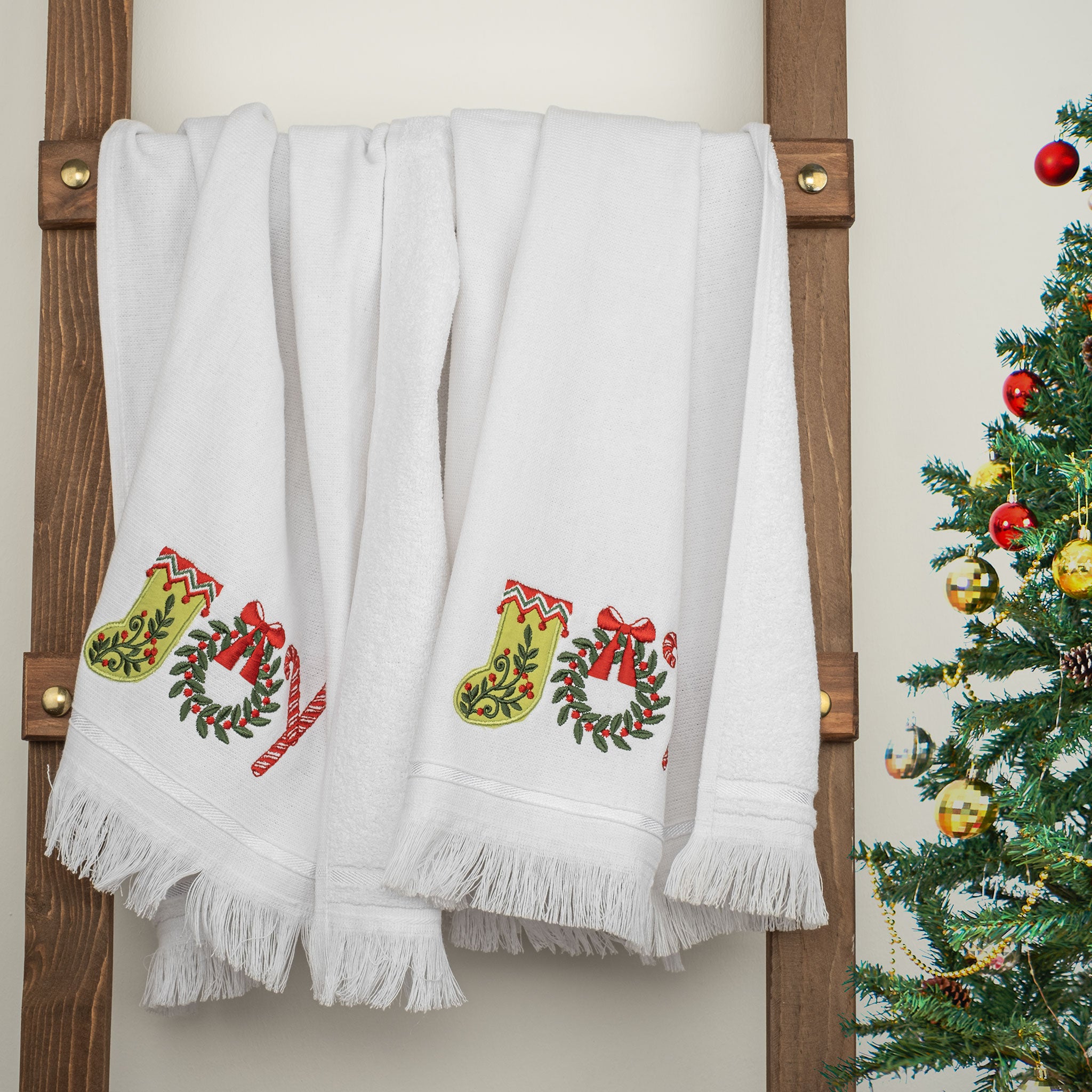  American-softlinen - Christmas Towels Set 2 Packed Embroidered Turkish Cotton Hand Towels - Joy Lettering - 4